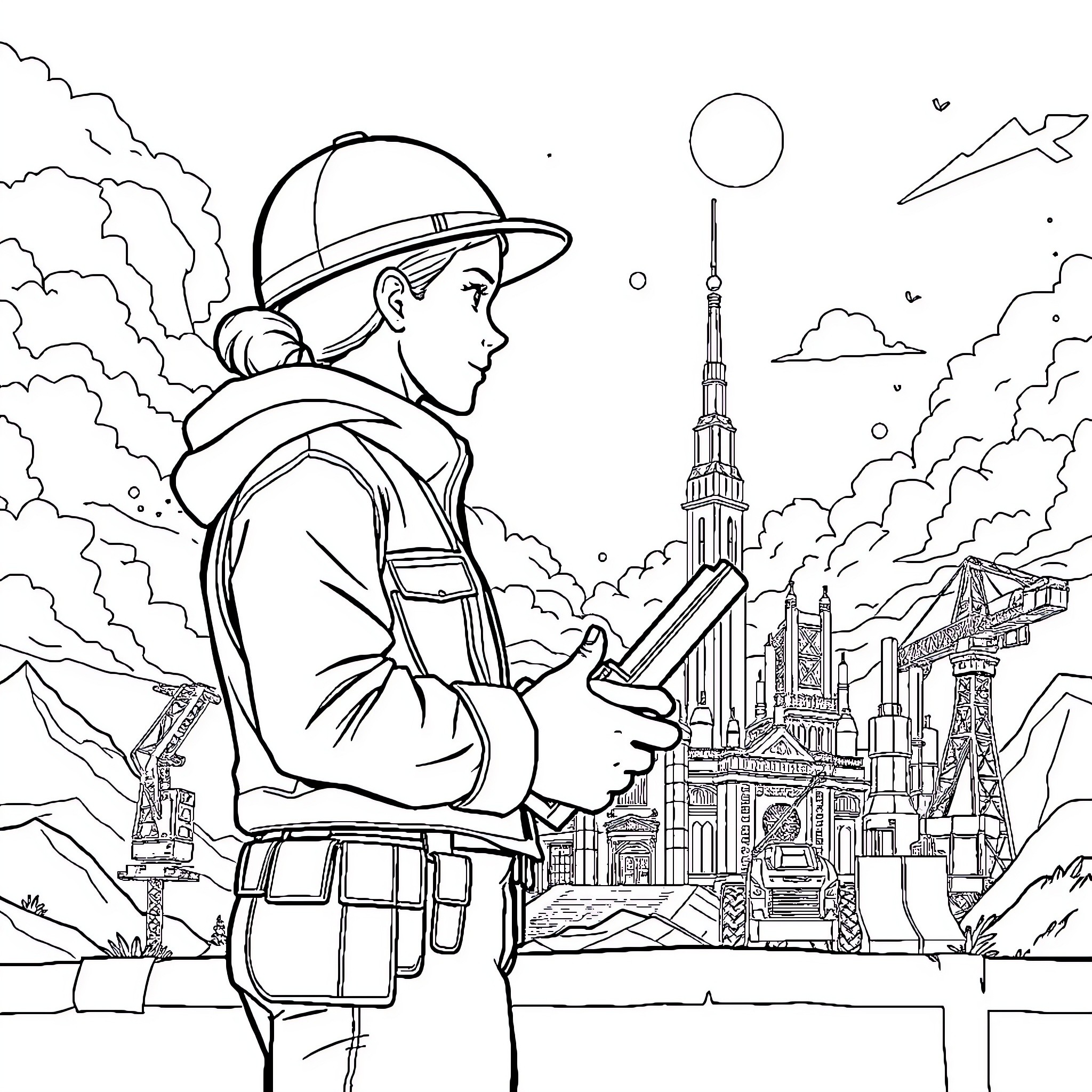 Pioneer Explorer Surveying the Futuristic Cityscape Coloring Page (free black-and-white line drawing printable PDF for all, from beginners to advanced learners, including children, teens, adults, and seniors)