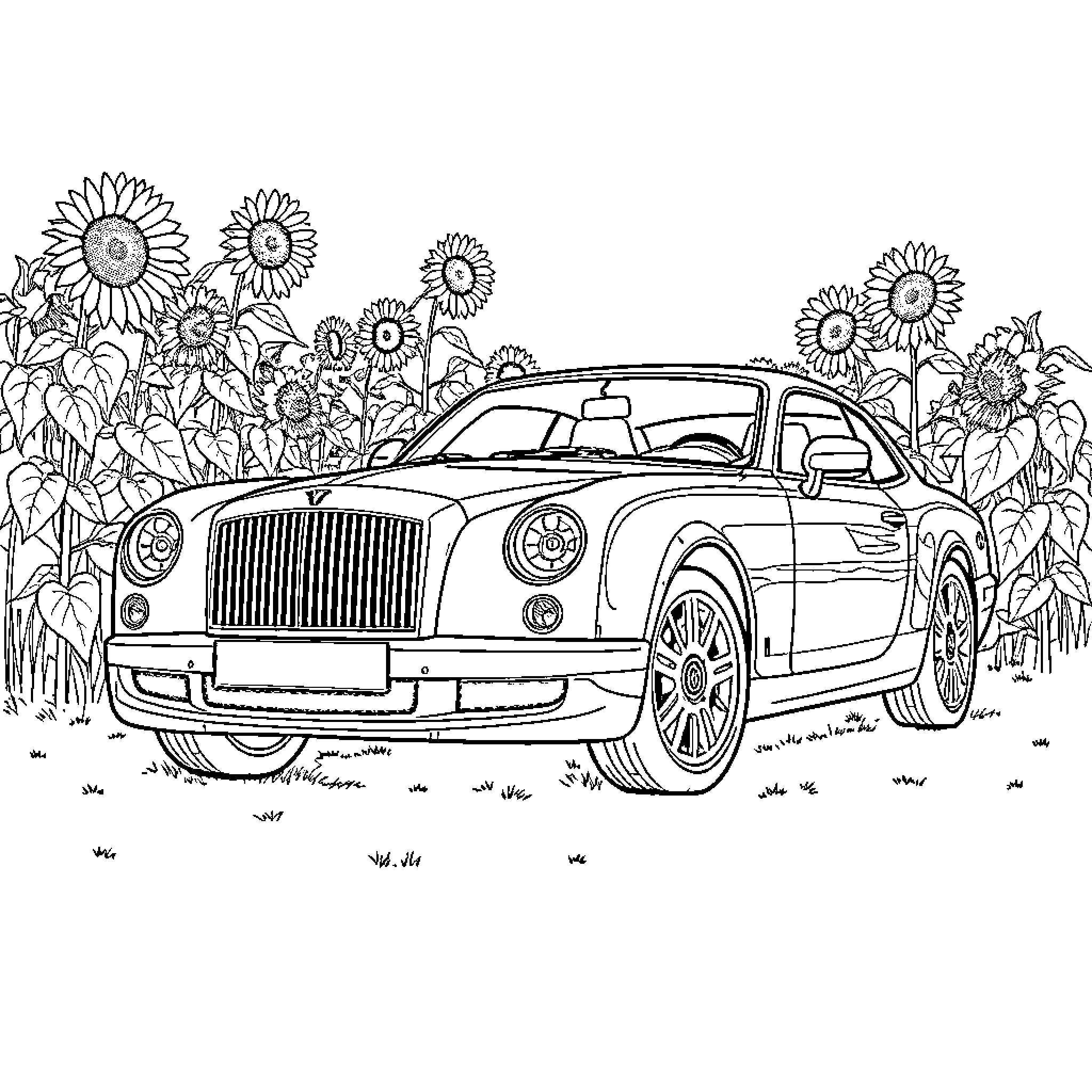 Bentley luxury car among sunflowers Coloring Page (free black-and-white line drawing printable PDF for all, from beginners to advanced learners, including children, teens, adults, and seniors)