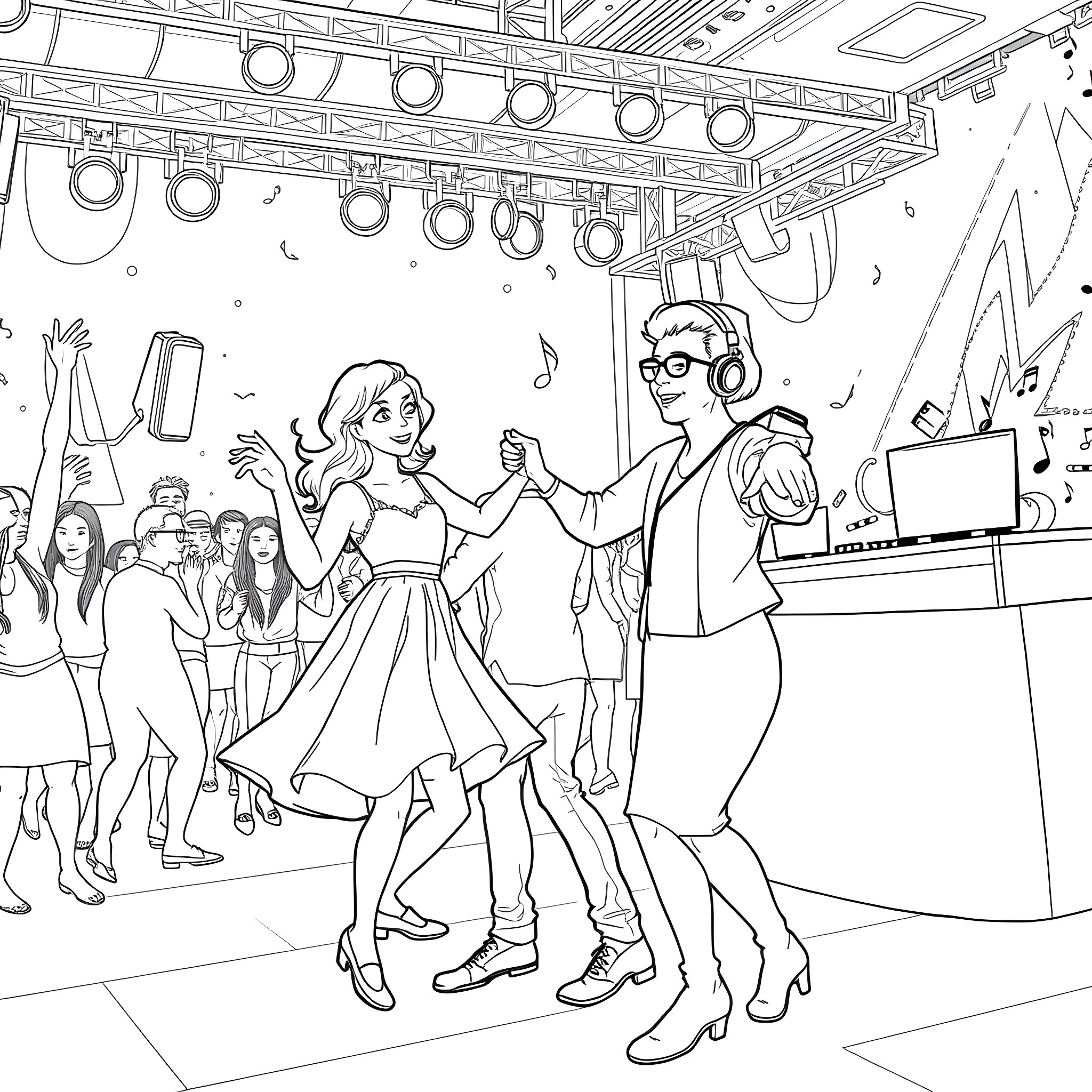 Dancer performing on stage with audience Coloring Page (free black-and-white line drawing printable PDF for all, from beginners to advanced learners, including children, teens, adults, and seniors)