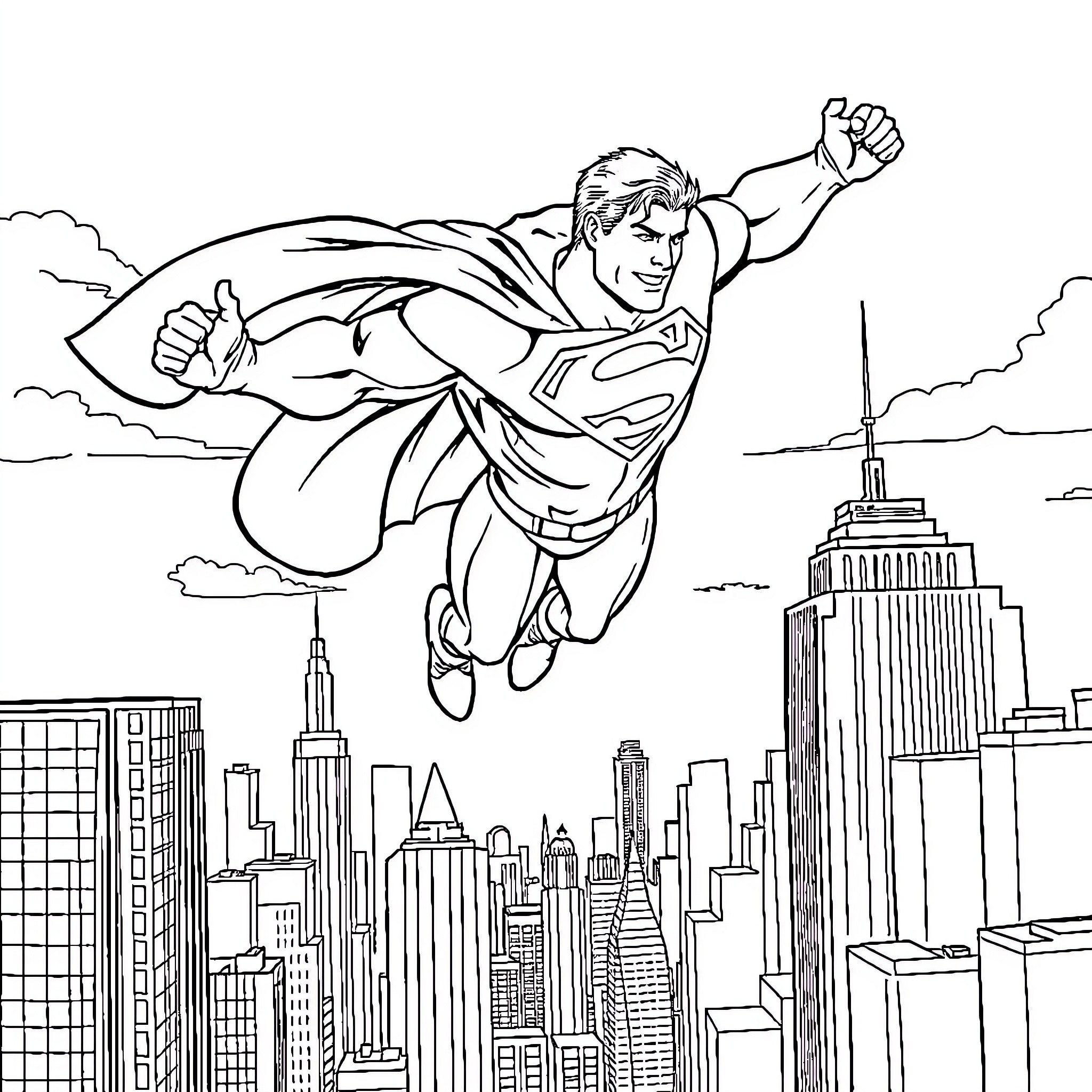 Superman soaring through the sky over a city skyline Coloring Page (free black-and-white line drawing printable PDF for all, from beginners to advanced learners, including children, teens, adults, and seniors)