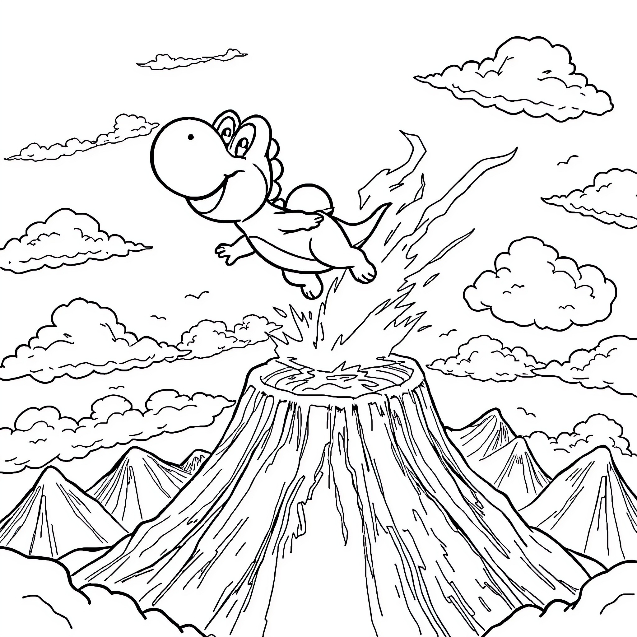 Yoshi soaring through the skies above the volcanoes Coloring Page (free black-and-white line drawing printable PDF for all, from beginners to advanced learners, including children, teens, adults, and seniors)