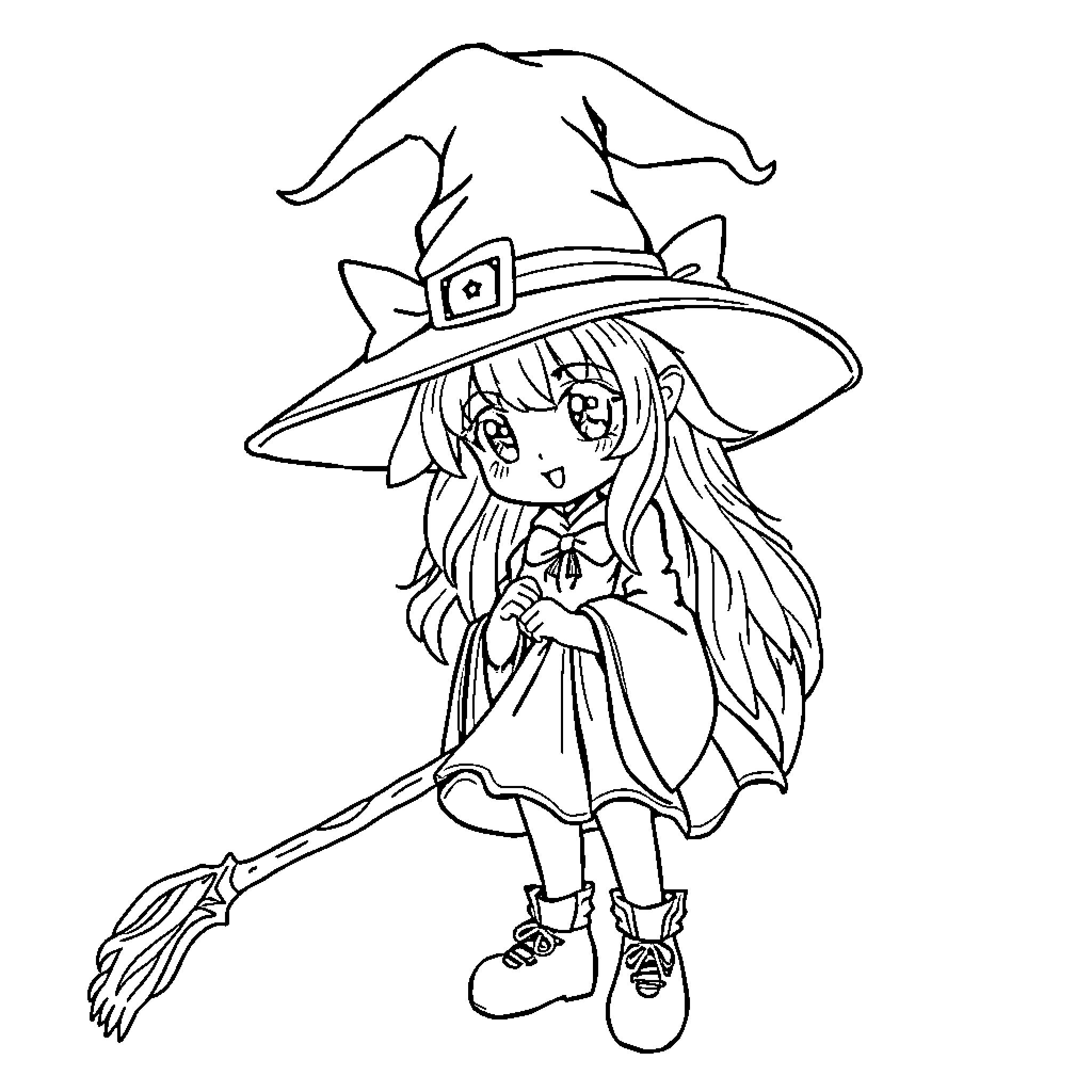Witch smiling with broomstick in hand Coloring Page (free black-and-white line drawing printable PDF for all, from beginners to advanced learners, including children, teens, adults, and seniors)