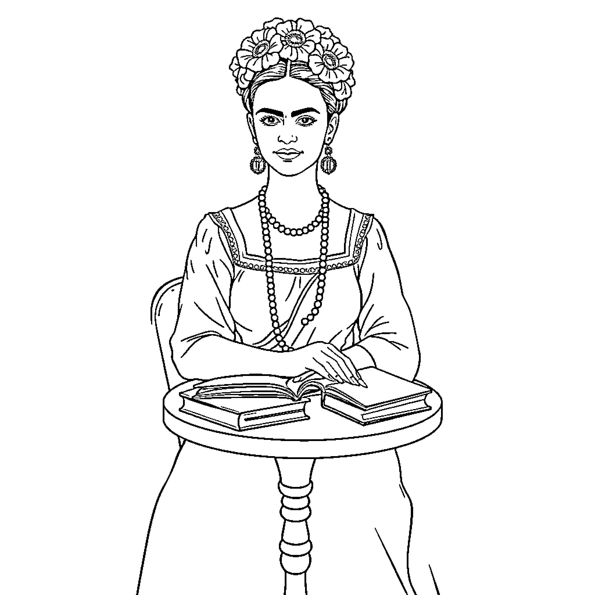 Frida Kahlo with books and floral crown Coloring Page (free black-and-white line drawing printable PDF for all, from beginners to advanced learners, including children, teens, adults, and seniors)