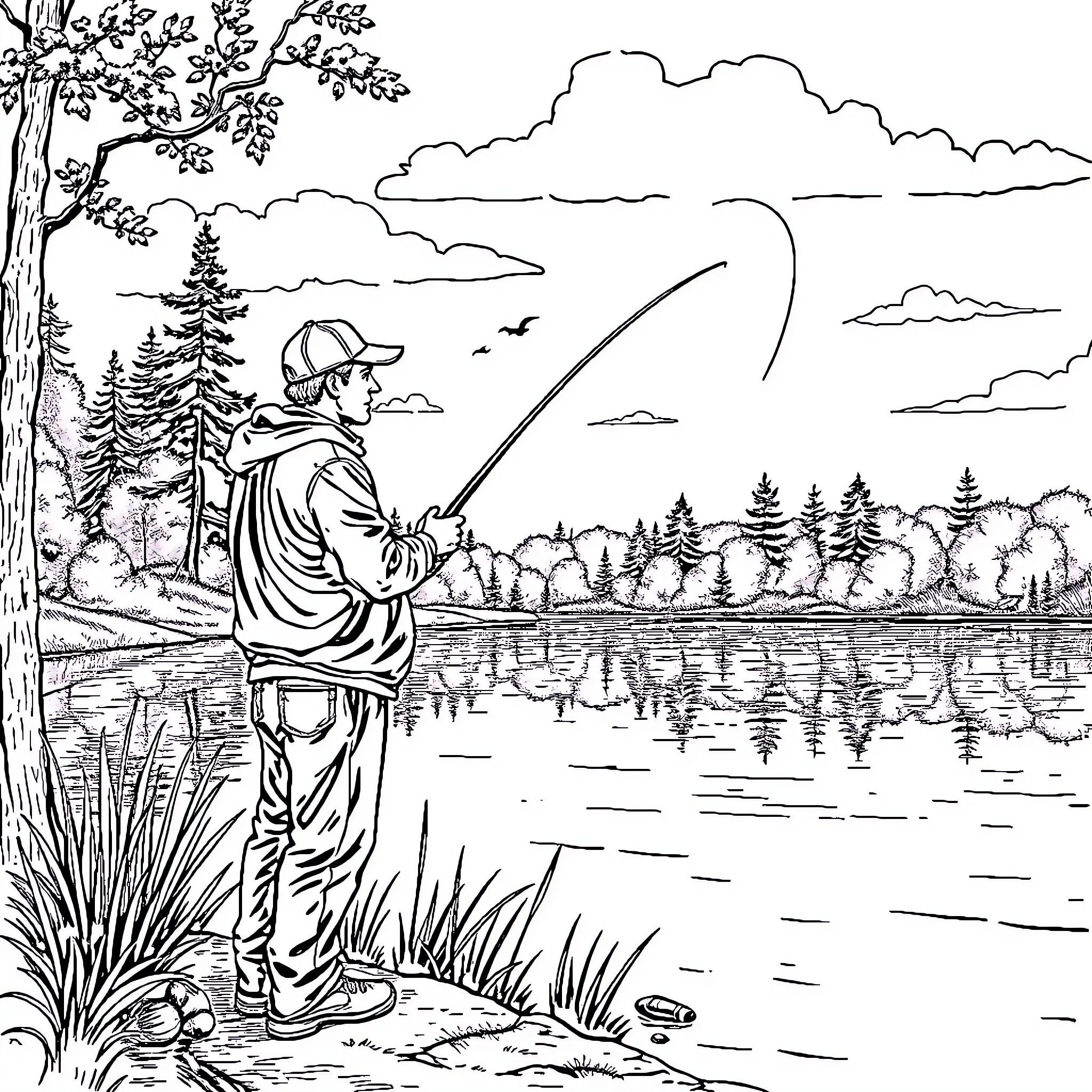 Fisherman enjoying peaceful moment by the lake Coloring Page (free black-and-white line drawing printable PDF for all, from beginners to advanced learners, including children, teens, adults, and seniors)