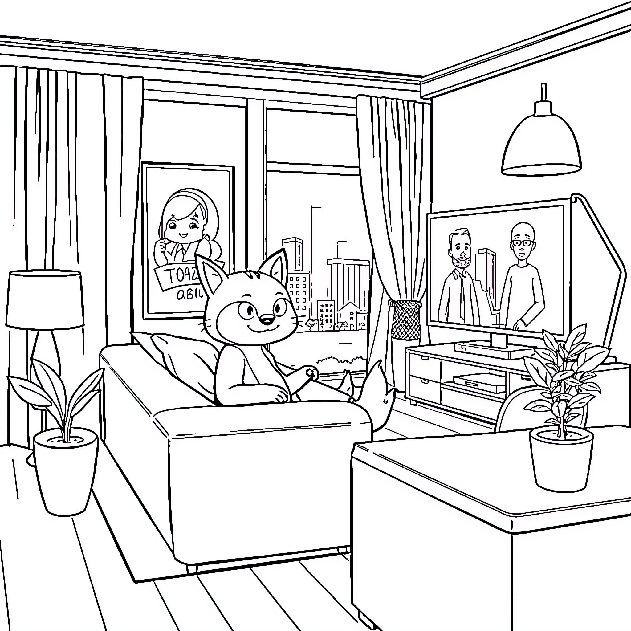 Kartun characters relaxing in cozy living room Coloring Page (free black-and-white line drawing printable PDF for all, from beginners to advanced learners, including children, teens, adults, and seniors)