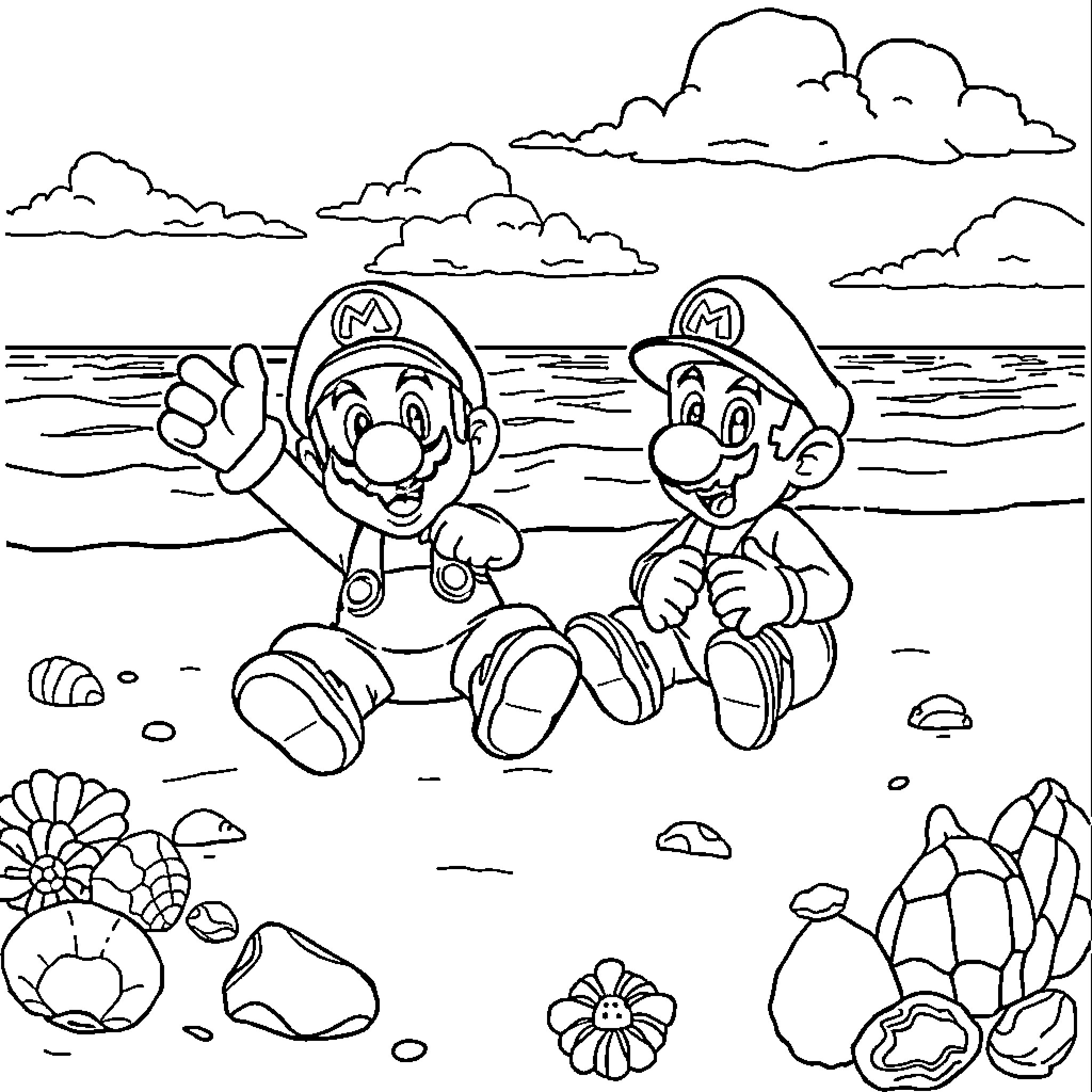 Super Mario Brothers Relaxing on the Beach Coloring Page (free black-and-white line drawing printable PDF for all, from beginners to advanced learners, including children, teens, adults, and seniors)