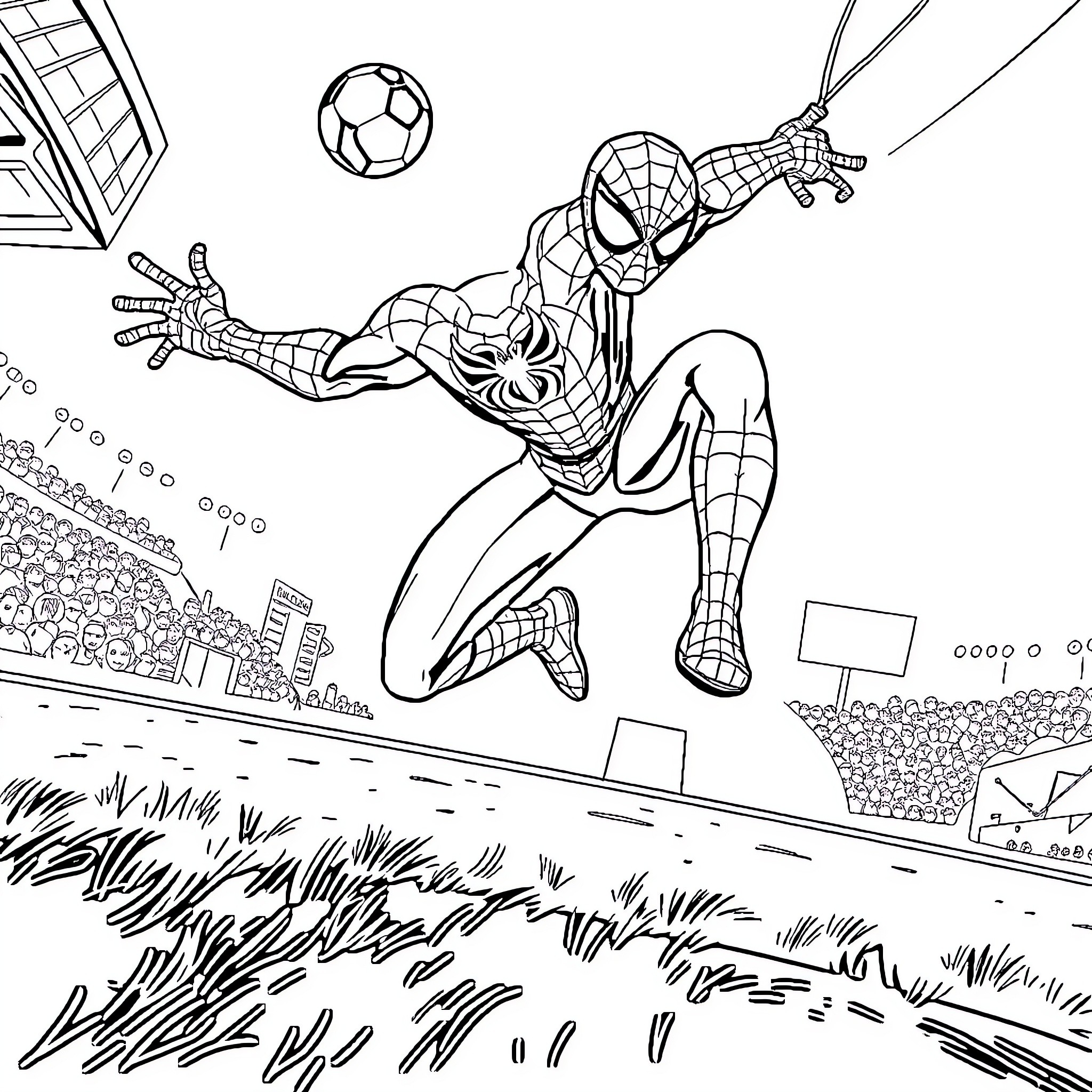 Spider-Man swinging through the city with a soccer ball Coloring Page (free black-and-white line drawing printable PDF for all, from beginners to advanced learners, including children, teens, adults, and seniors)