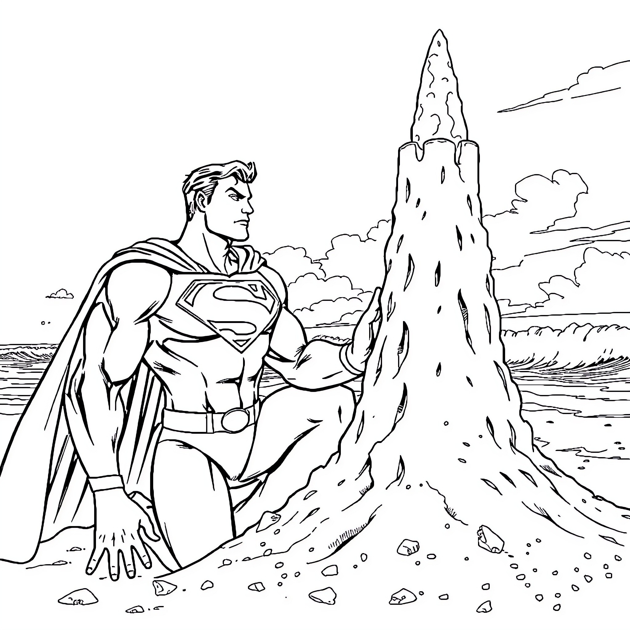 Superman launching into the sky from a rocky terrain Coloring Page (free black-and-white line drawing printable PDF for all, from beginners to advanced learners, including children, teens, adults, and seniors)
