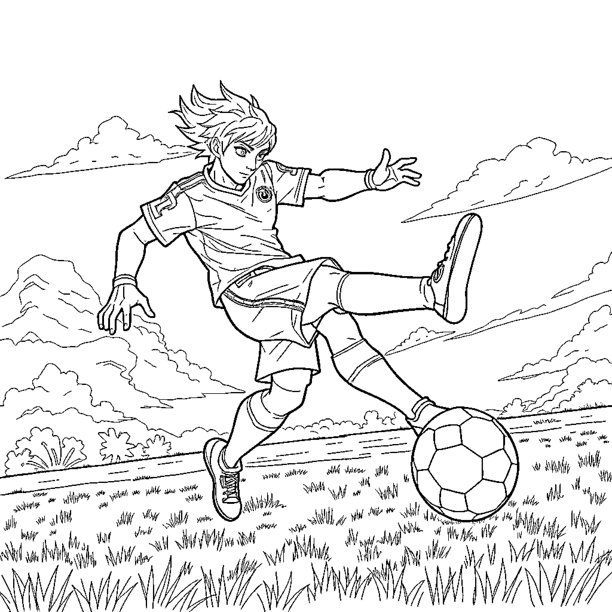 Lucio playing with soccer ball in the countryside Coloring Page (free black-and-white line drawing printable PDF for all, from beginners to advanced learners, including children, teens, adults, and seniors)