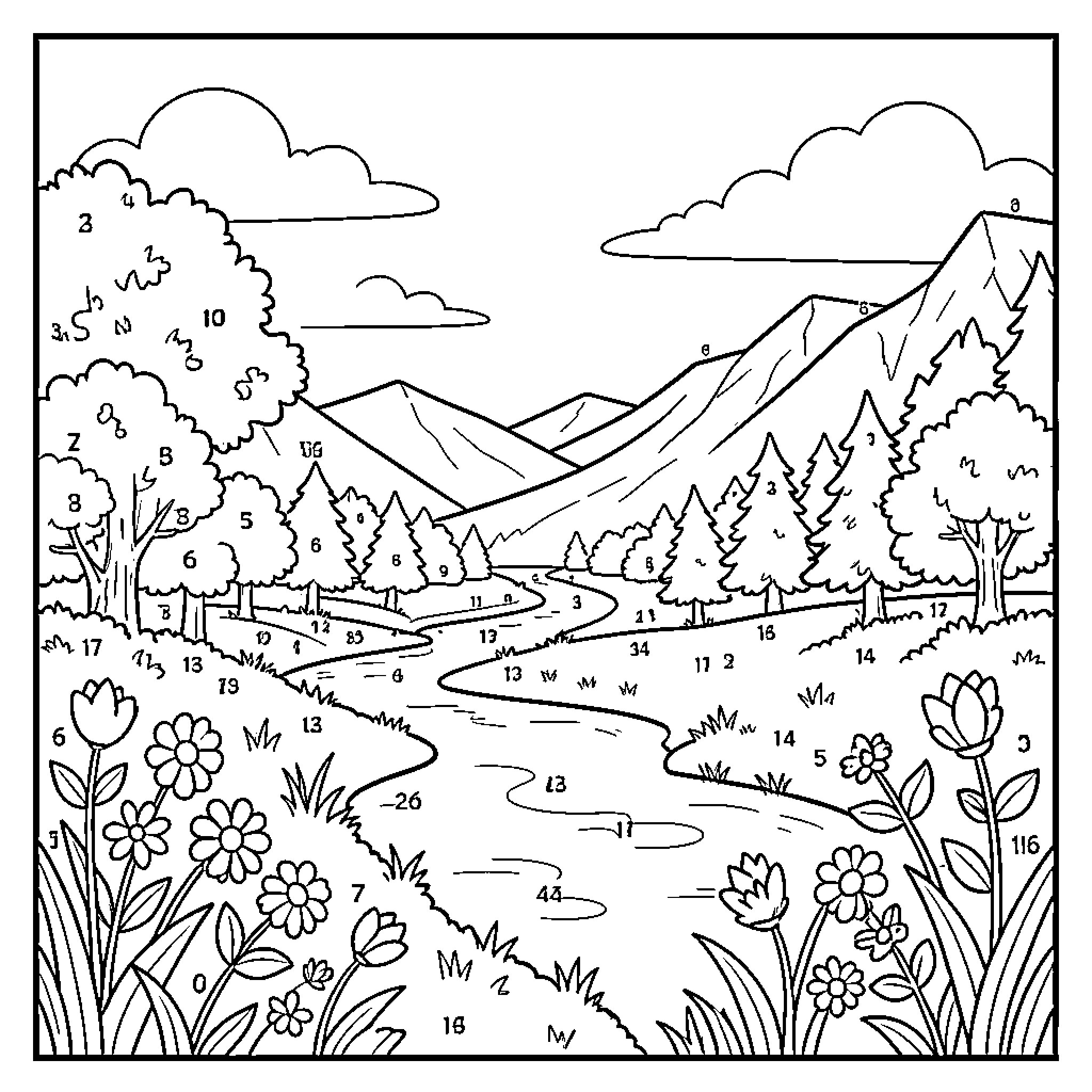 Landscape featuring mountains, winding river, and lush trees Coloring Page (free black-and-white line drawing printable PDF for all, from beginners to advanced learners, including children, teens, adults, and seniors)