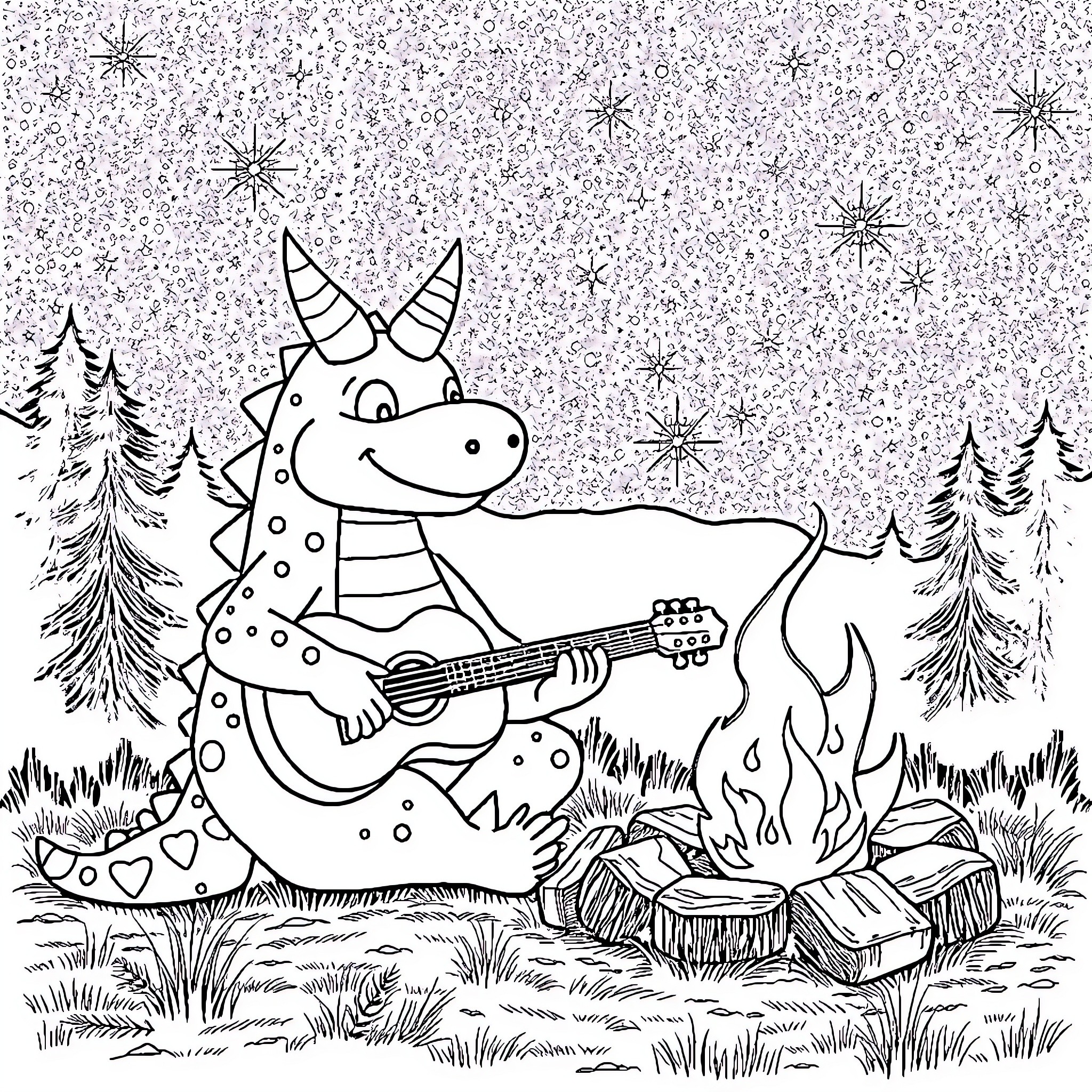 Krokmou the dragon playing guitar by the campfire Coloring Page (free black-and-white line drawing printable PDF for all, from beginners to advanced learners, including children, teens, adults, and seniors)