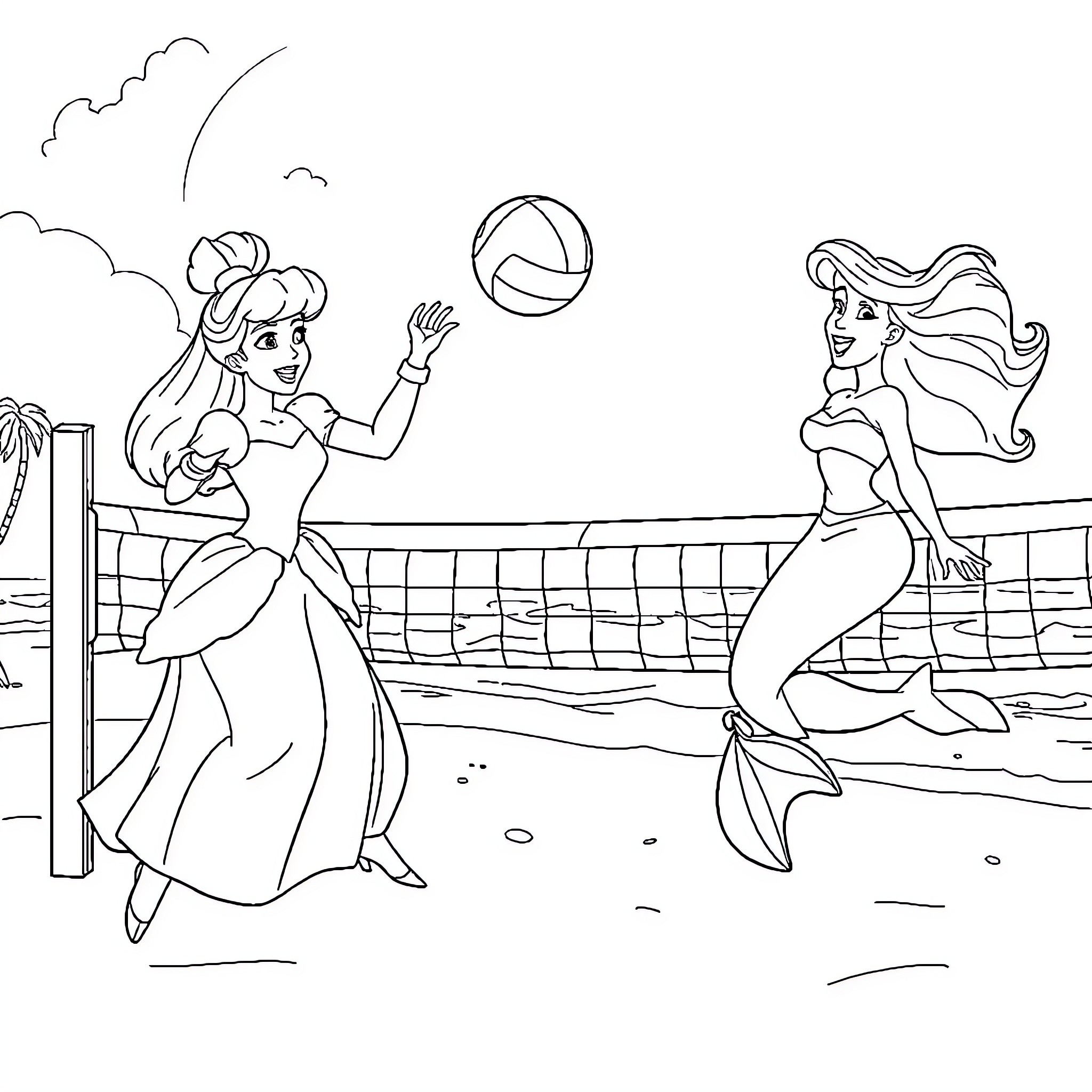 Disney Princesses Enjoying Beach Activities Coloring Page (free black-and-white line drawing printable PDF for all, from beginners to advanced learners, including children, teens, adults, and seniors)