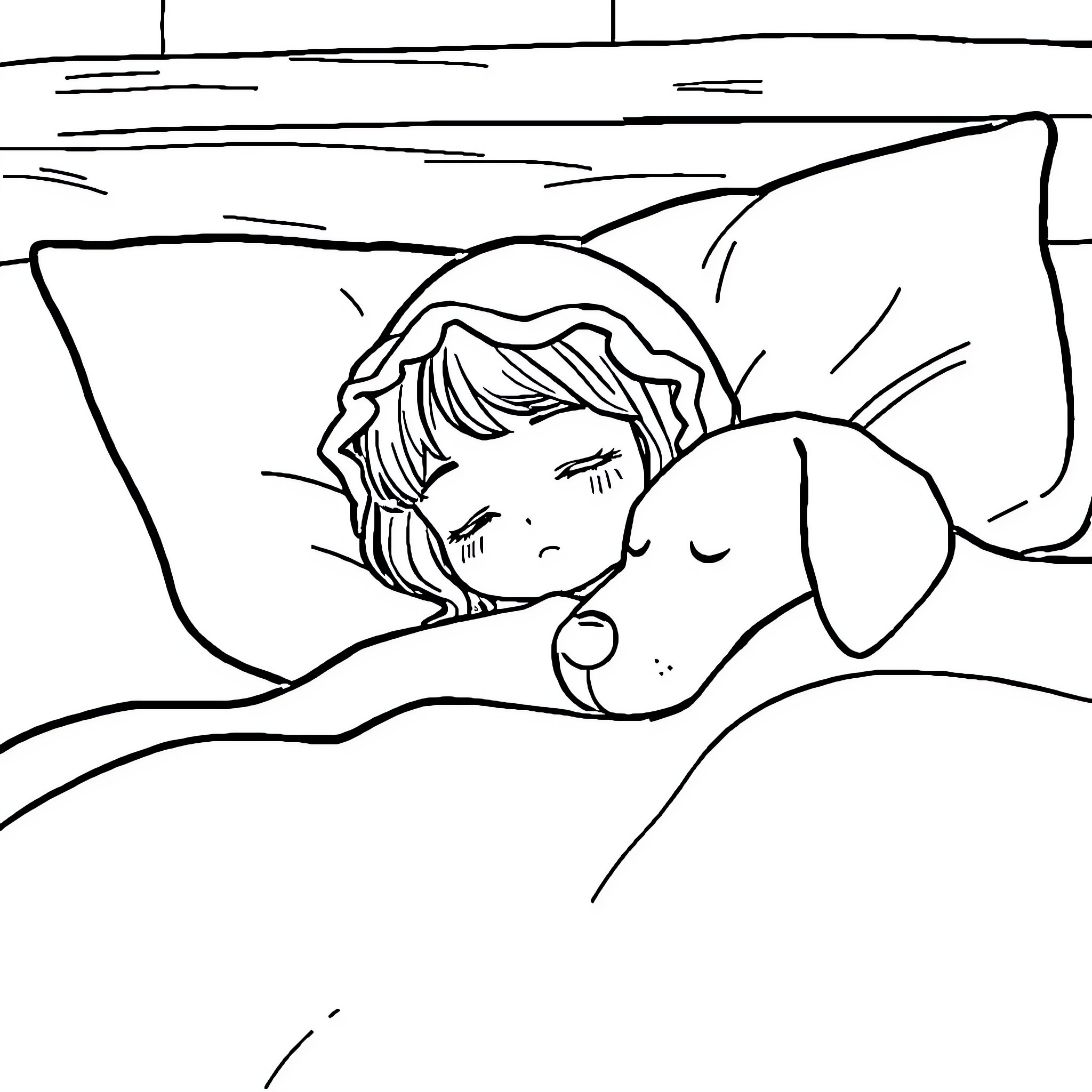 Girl napping with her pet dog Coloring Page (free black-and-white line drawing printable PDF for all, from beginners to advanced learners, including children, teens, adults, and seniors)