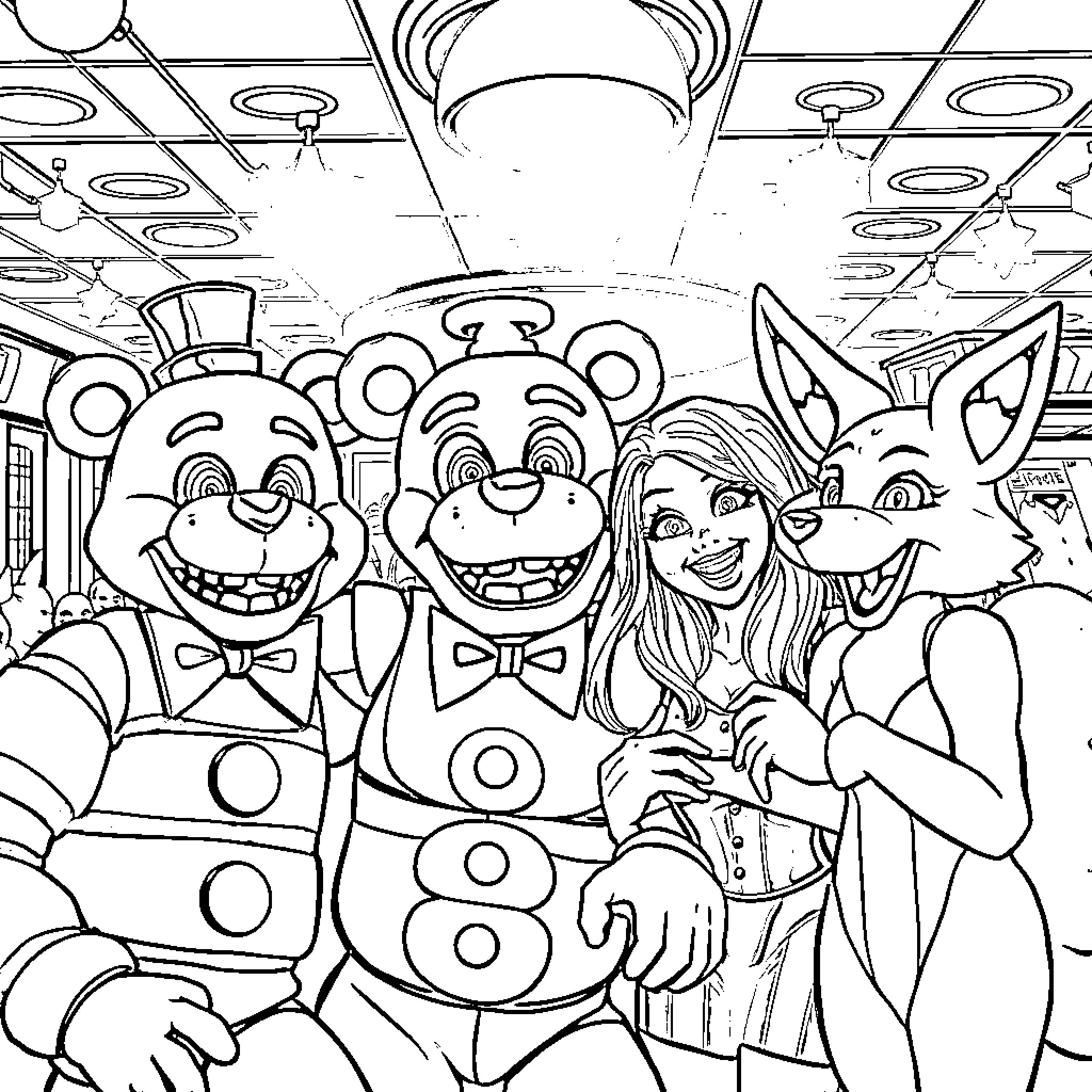 Freddy Fazbear and Friends in Animated Celebration Coloring Page (free black-and-white line drawing printable PDF for all, from beginners to advanced learners, including children, teens, adults, and seniors)