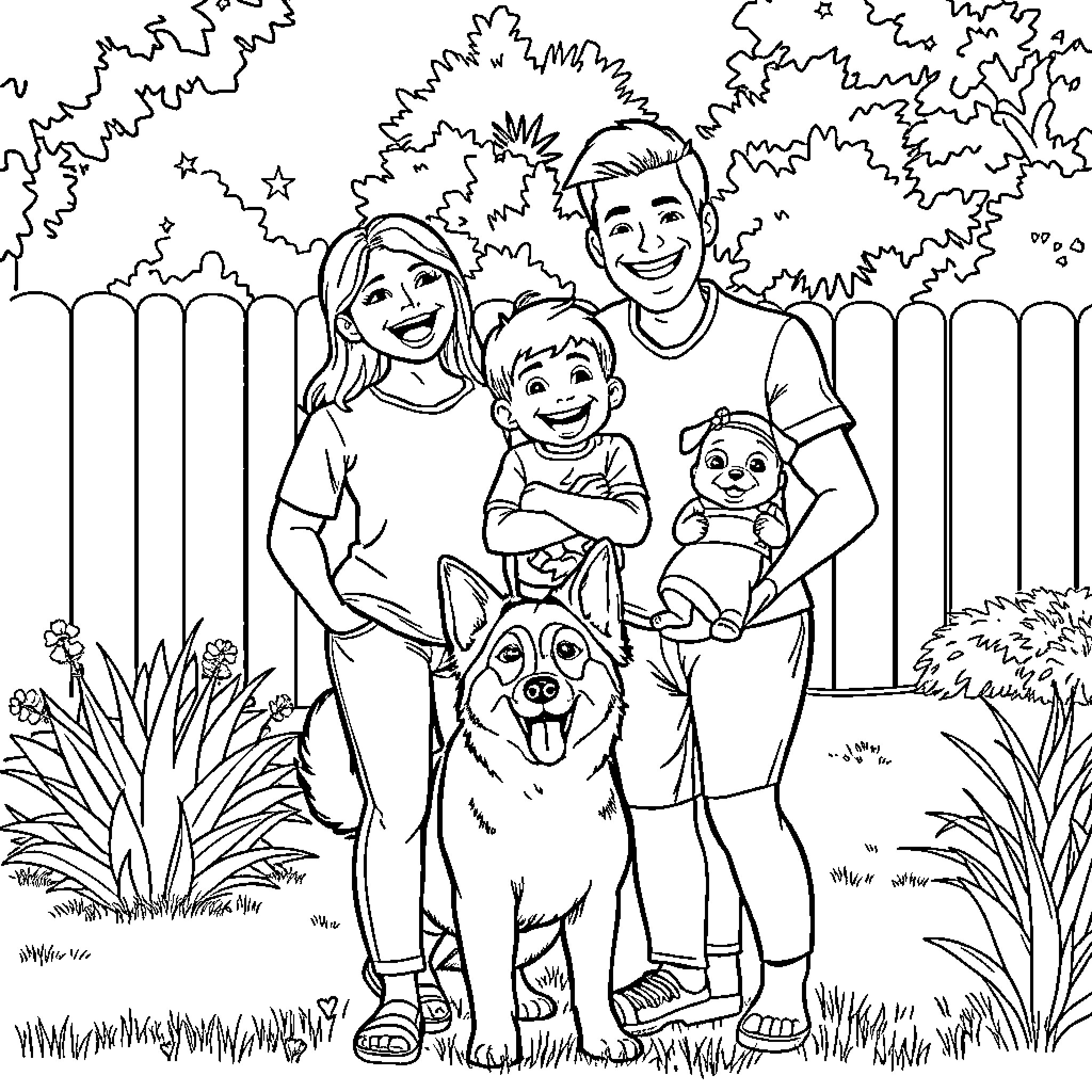 Family enjoying time outdoors with their pet Coloring Page (free black-and-white line drawing printable PDF for all, from beginners to advanced learners, including children, teens, adults, and seniors)