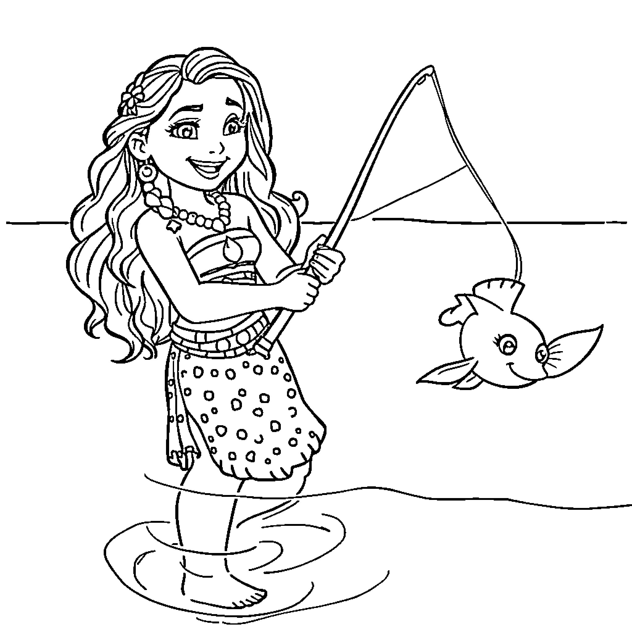 Moana fishing with a playful friend Coloring Page (free black-and-white line drawing printable PDF for all, from beginners to advanced learners, including children, teens, adults, and seniors)
