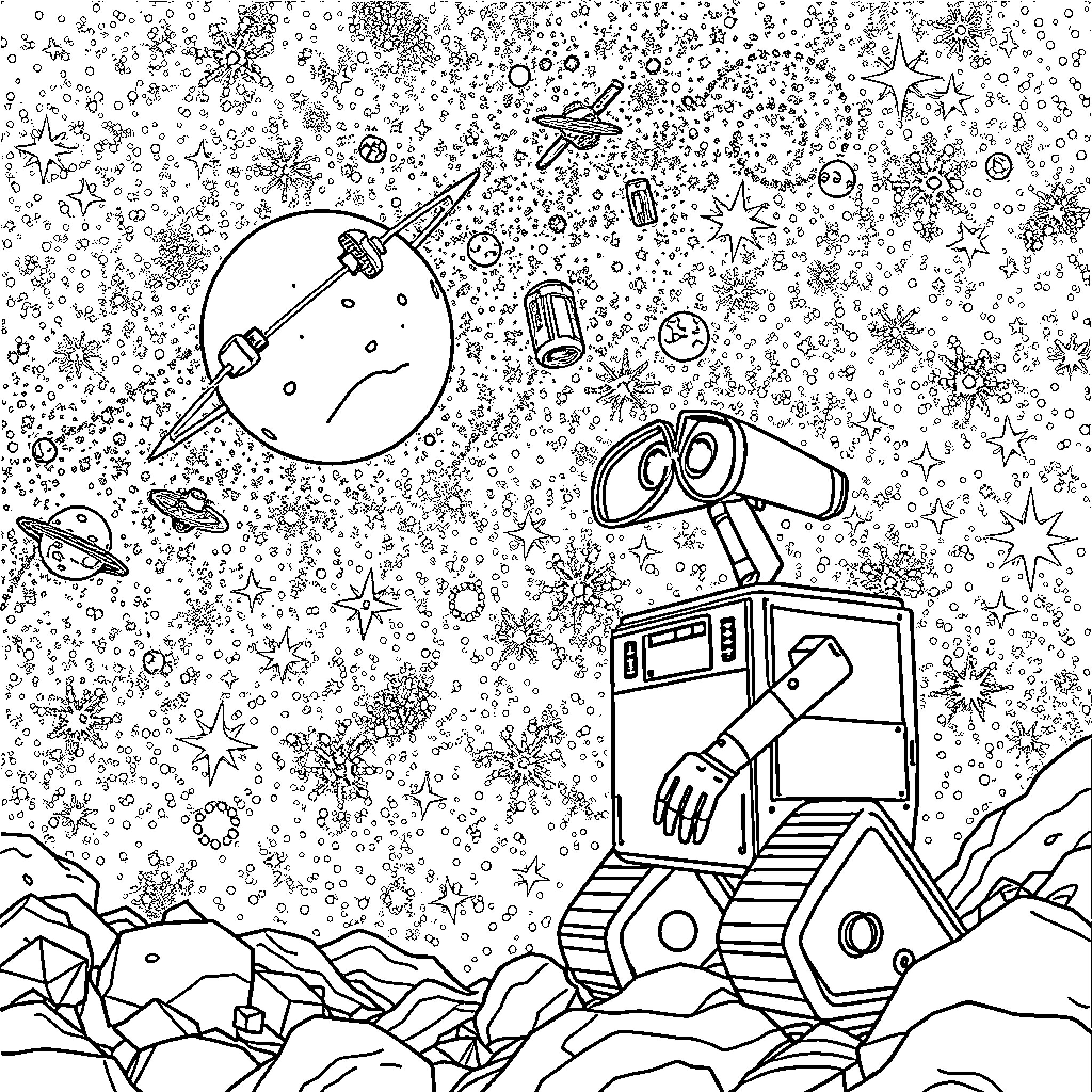 Space Robots Exploring the Starry Sky Coloring Page (free black-and-white line drawing printable PDF for all, from beginners to advanced learners, including children, teens, adults, and seniors)