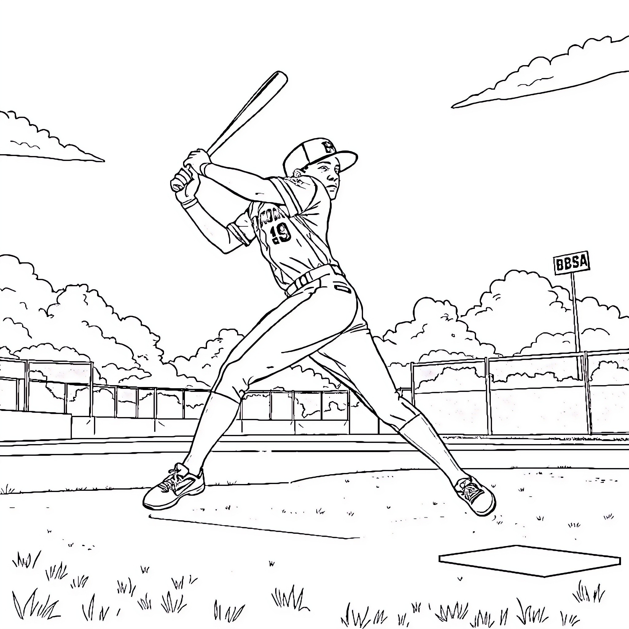 Byron Buxton batting on the baseball field Coloring Page (free black-and-white line drawing printable PDF for all, from beginners to advanced learners, including children, teens, adults, and seniors)