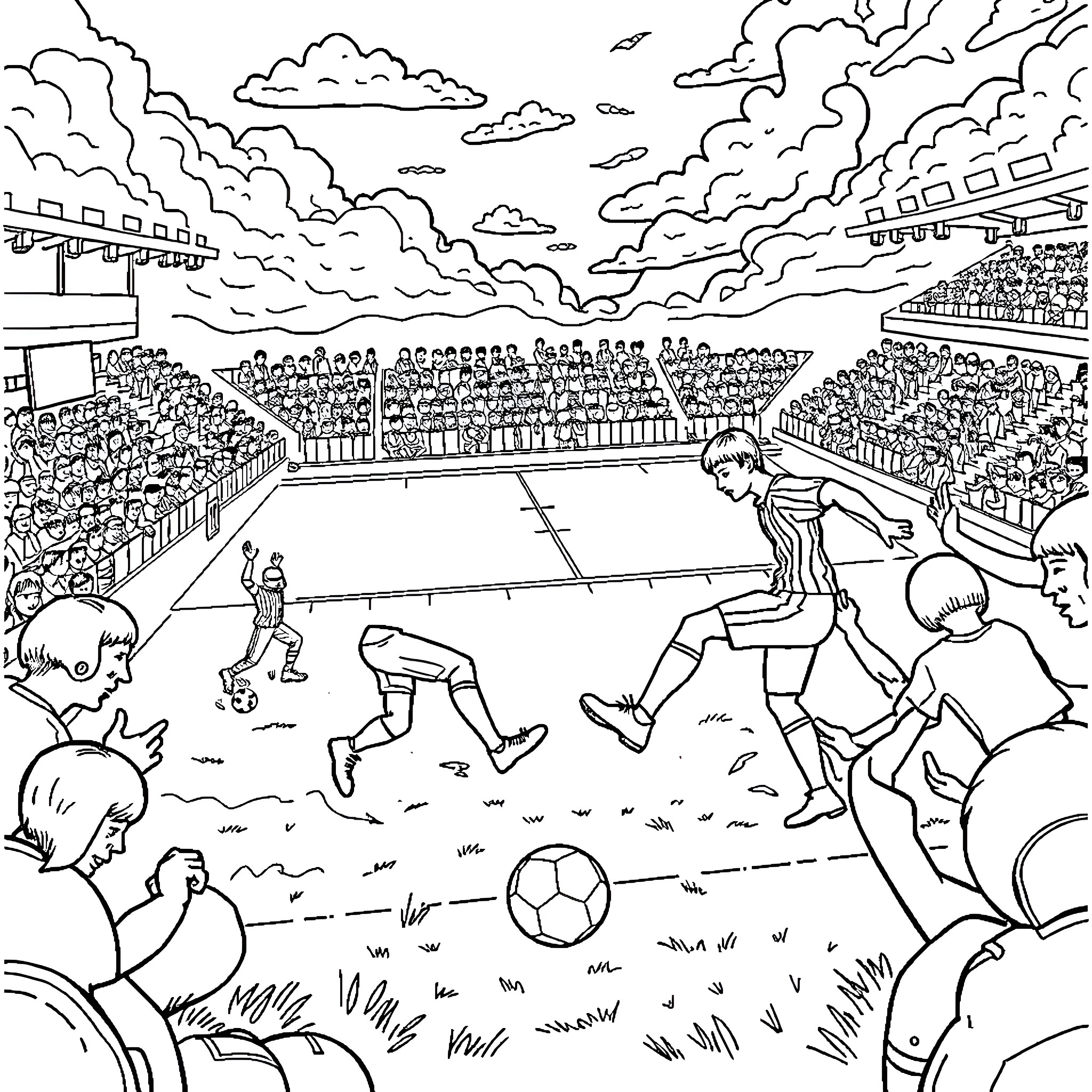 Football players on the field with crowded stadium Coloring Page (free black-and-white line drawing printable PDF for all, from beginners to advanced learners, including children, teens, adults, and seniors)