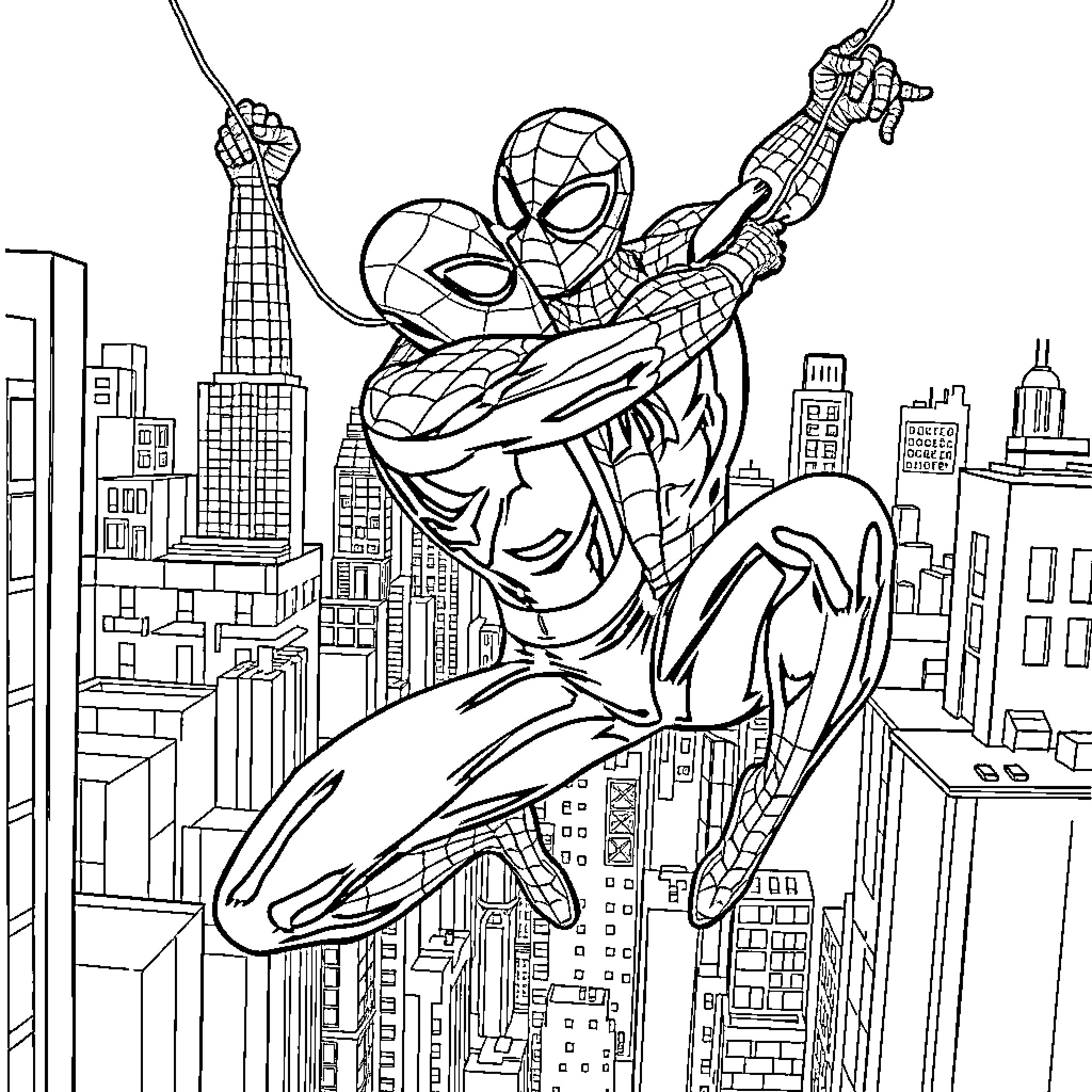 Spider-Man swinging through the city skyline Coloring Page (free black-and-white line drawing printable PDF for all, from beginners to advanced learners, including children, teens, adults, and seniors)