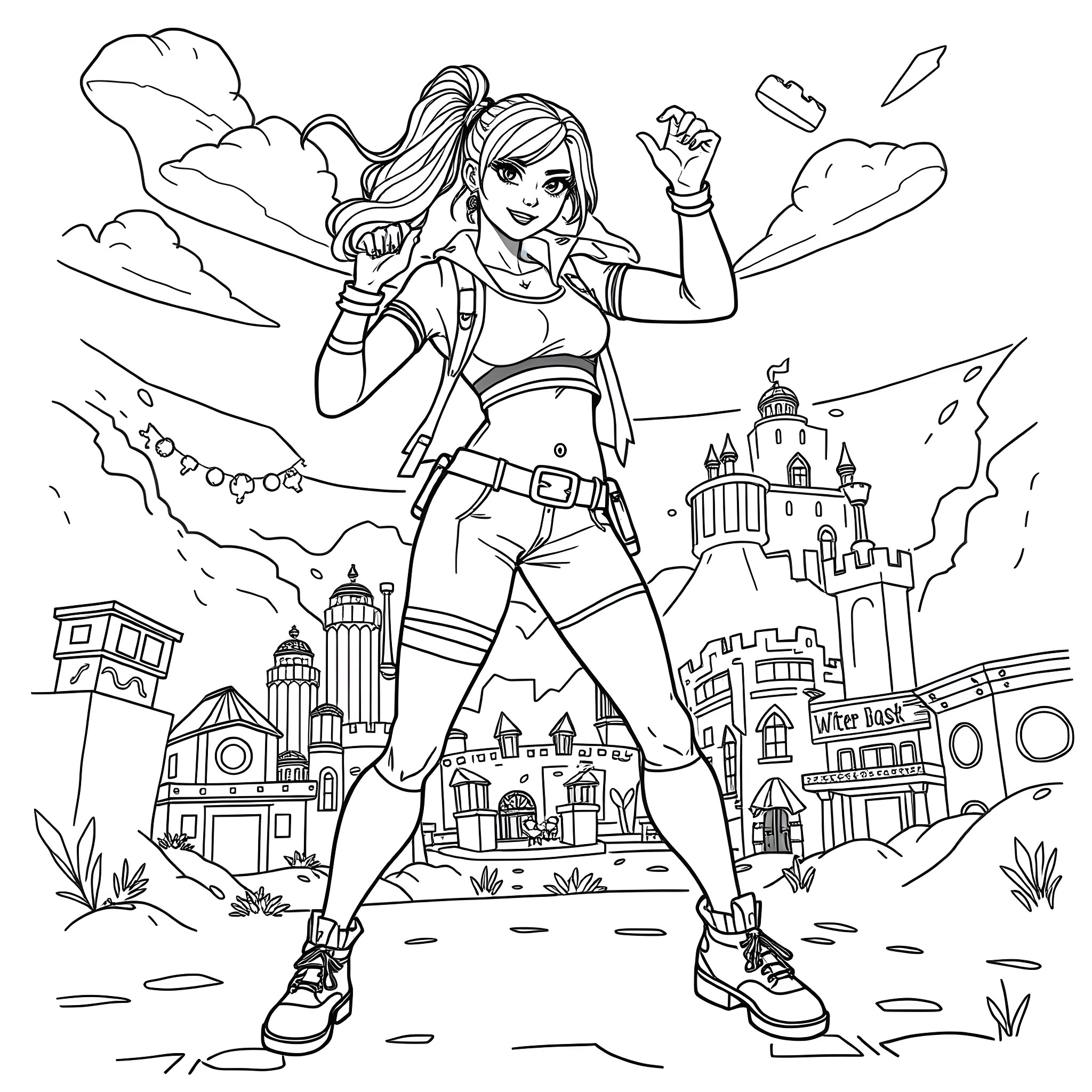 Fortnite Skin in Action Pose with Castle Backdrop Coloring Page (free black-and-white line drawing printable PDF for all, from beginners to advanced learners, including children, teens, adults, and seniors)