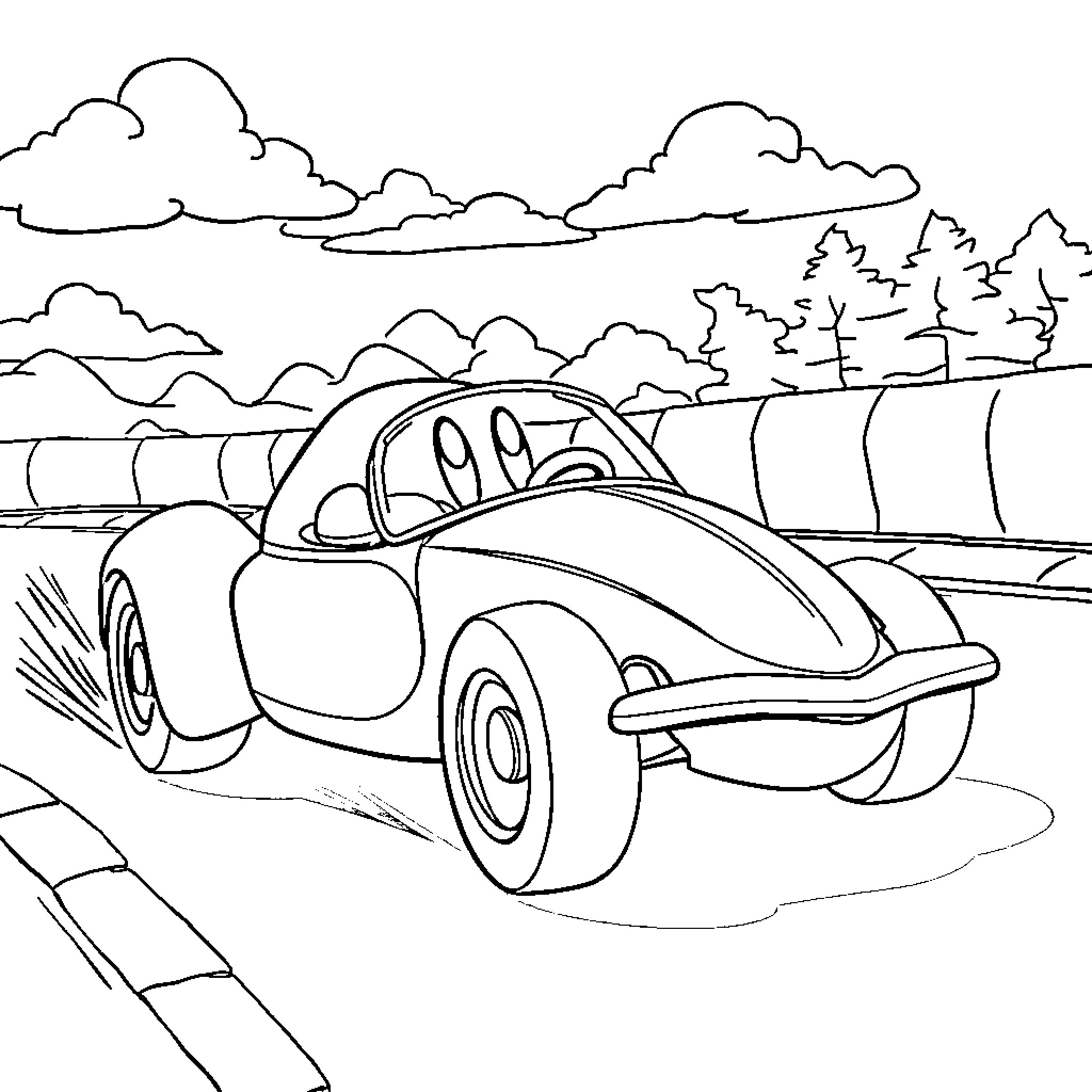 Kirby driving a stylized vehicle through a scenic landscape Coloring Page (free black-and-white line drawing printable PDF for all, from beginners to advanced learners, including children, teens, adults, and seniors)