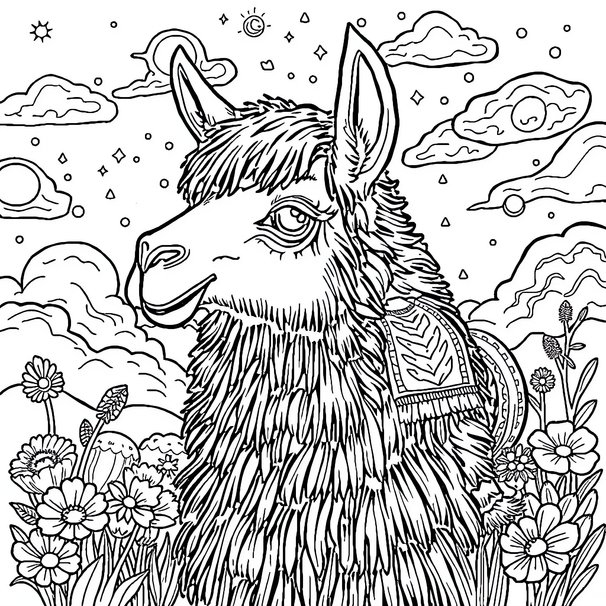 Bir Bir Alpaca in Enchanted Meadow Coloring Page (free black-and-white line drawing printable PDF for all, from beginners to advanced learners, including children, teens, adults, and seniors)