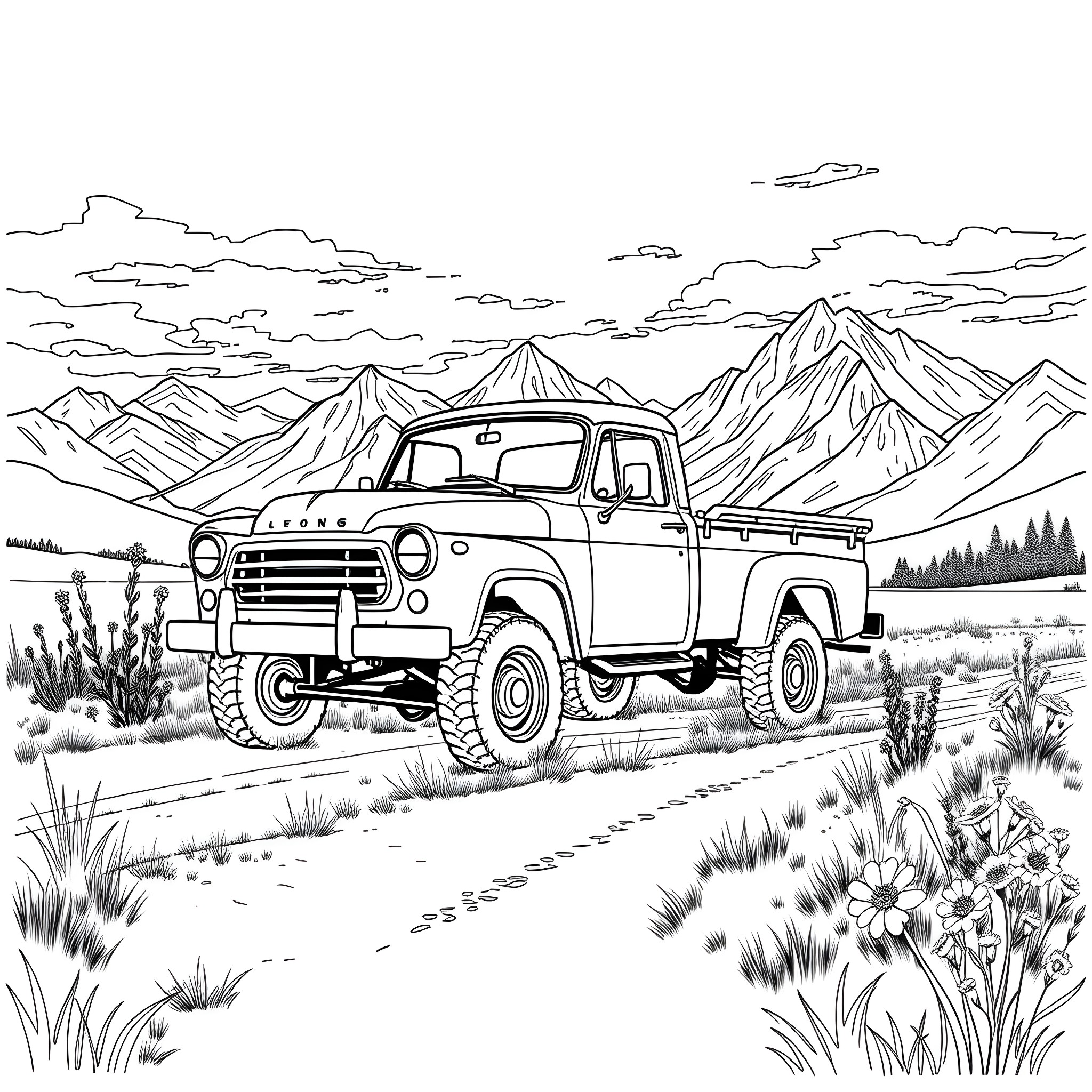 Truck traversing rugged mountain terrain Coloring Page (free black-and-white line drawing printable PDF for all, from beginners to advanced learners, including children, teens, adults, and seniors)