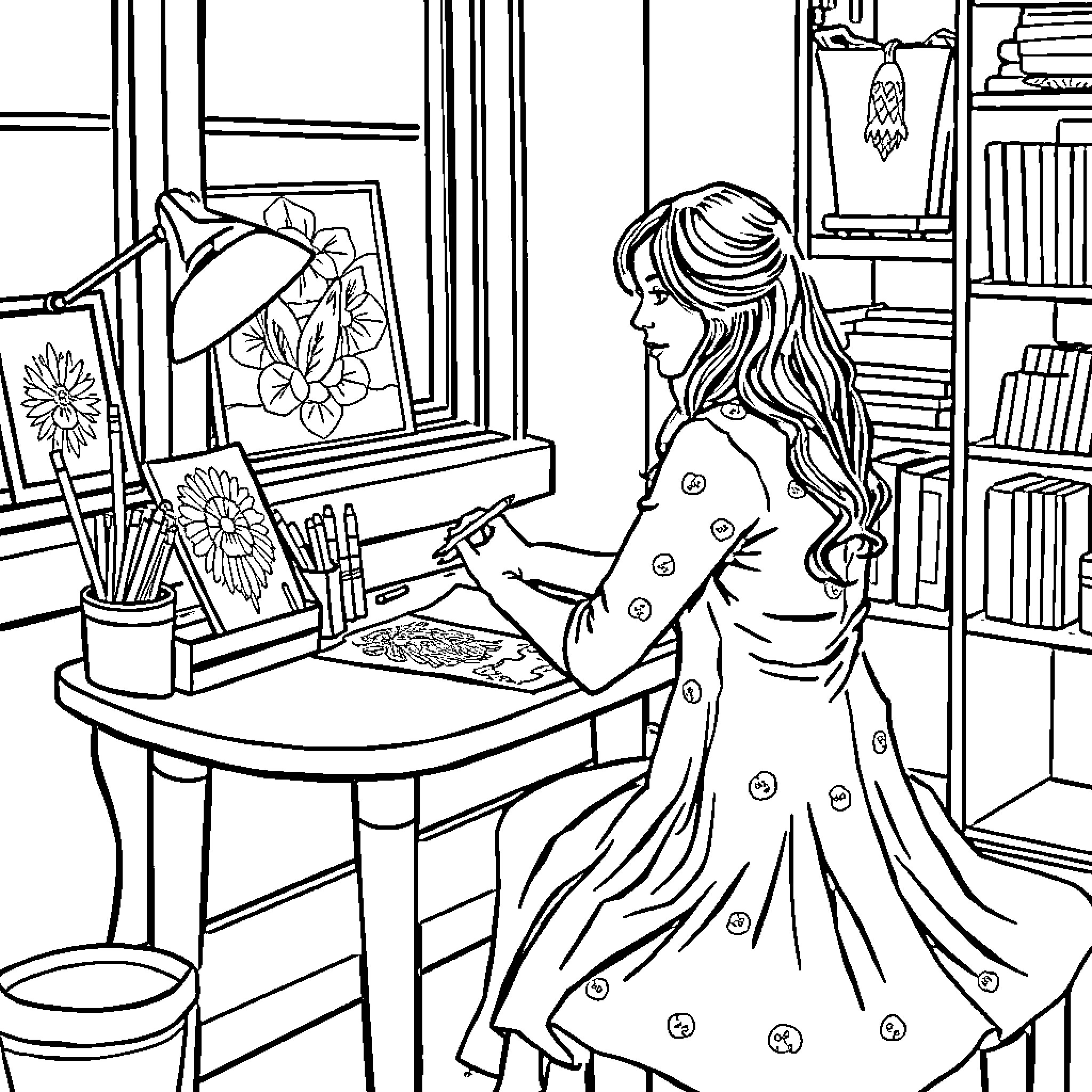 Ms Rachel sketching art in her cozy studio Coloring Page (free black-and-white line drawing printable PDF for all, from beginners to advanced learners, including children, teens, adults, and seniors)