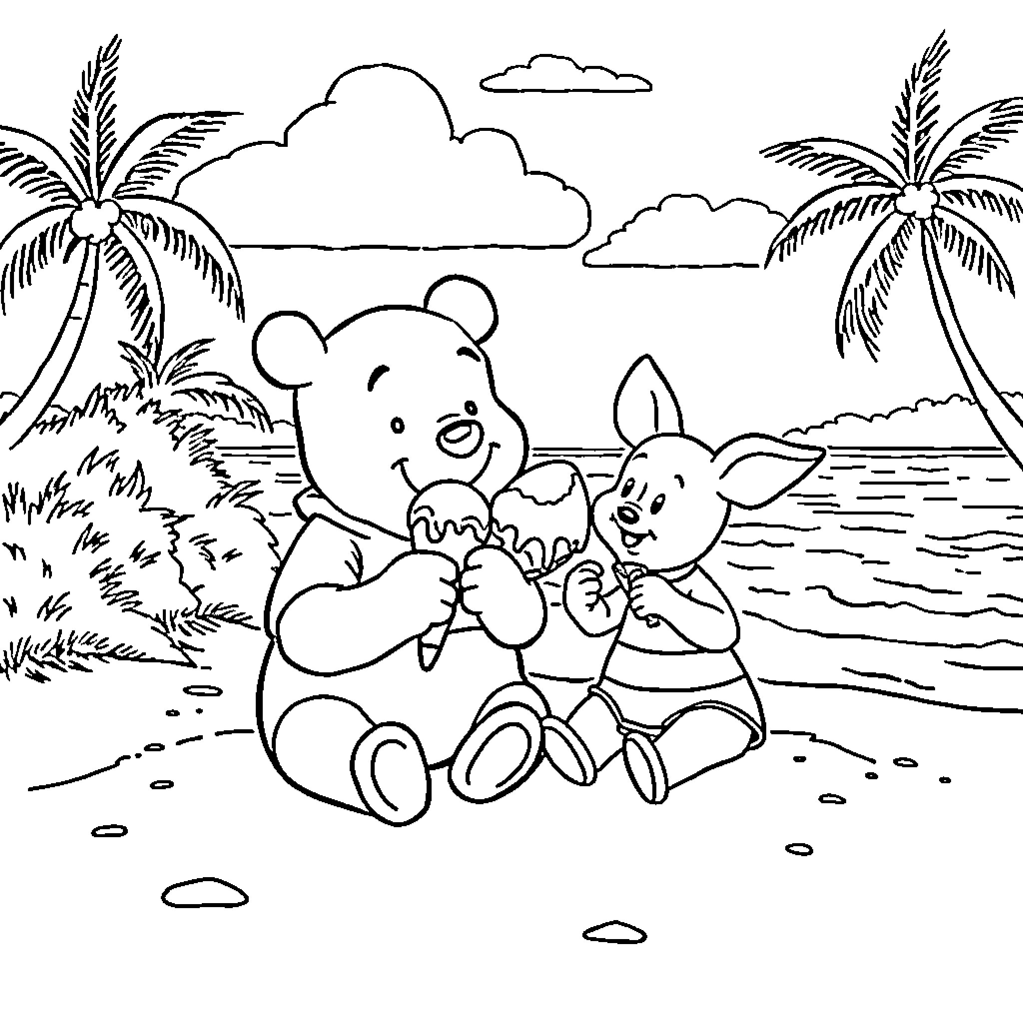 Winnie The Pooh and Piglet enjoying a beach day Coloring Page (free black-and-white line drawing printable PDF for all, from beginners to advanced learners, including children, teens, adults, and seniors)