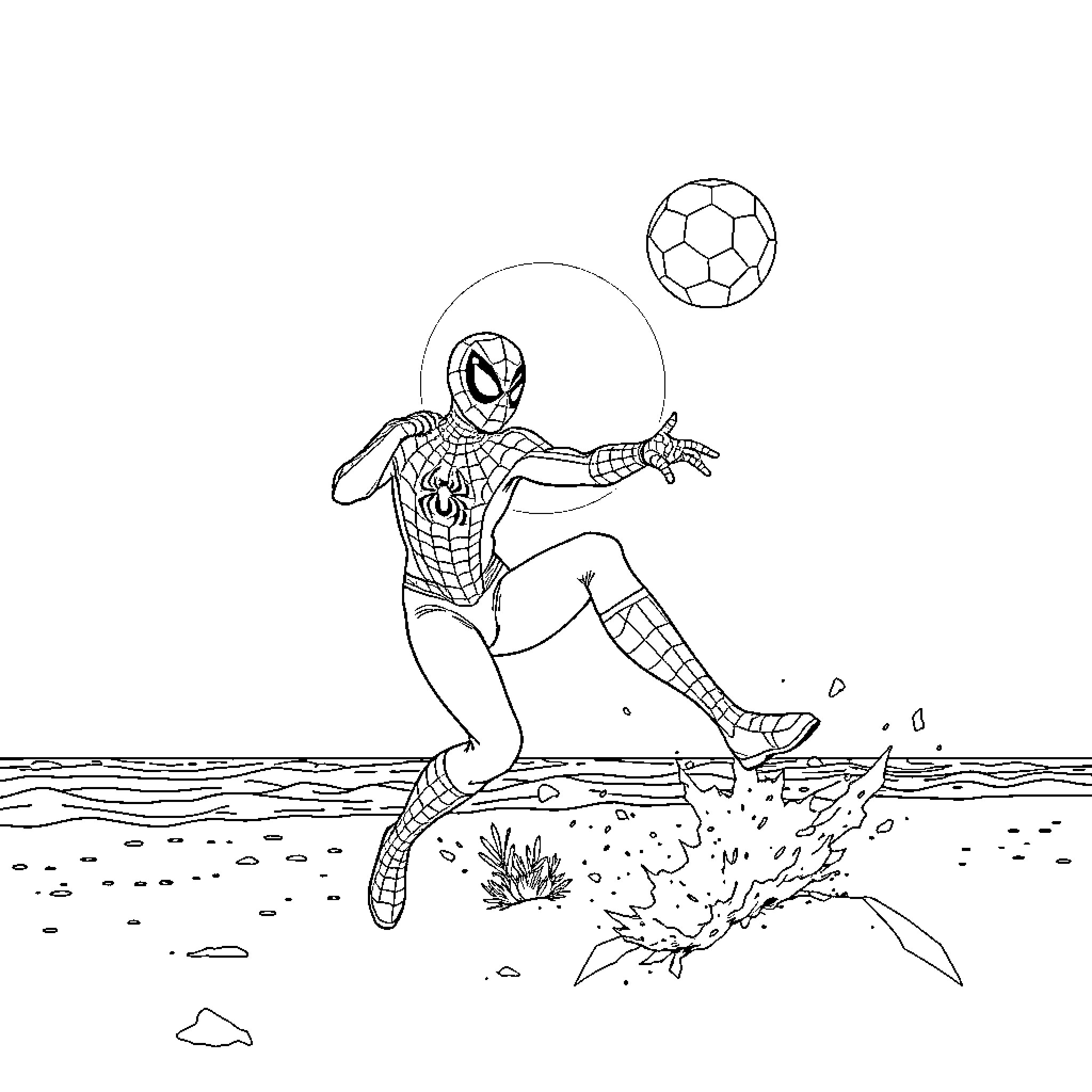 Spiderman playing soccer on the beach Coloring Page (free black-and-white line drawing printable PDF for all, from beginners to advanced learners, including children, teens, adults, and seniors)
