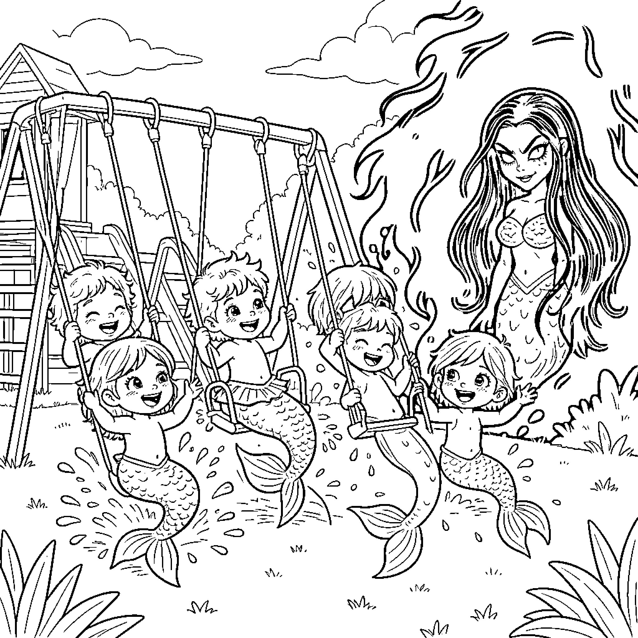 Mermaid Merfolk Frolicking on Swings Coloring Page (free black-and-white line drawing printable PDF for all, from beginners to advanced learners, including children, teens, adults, and seniors)