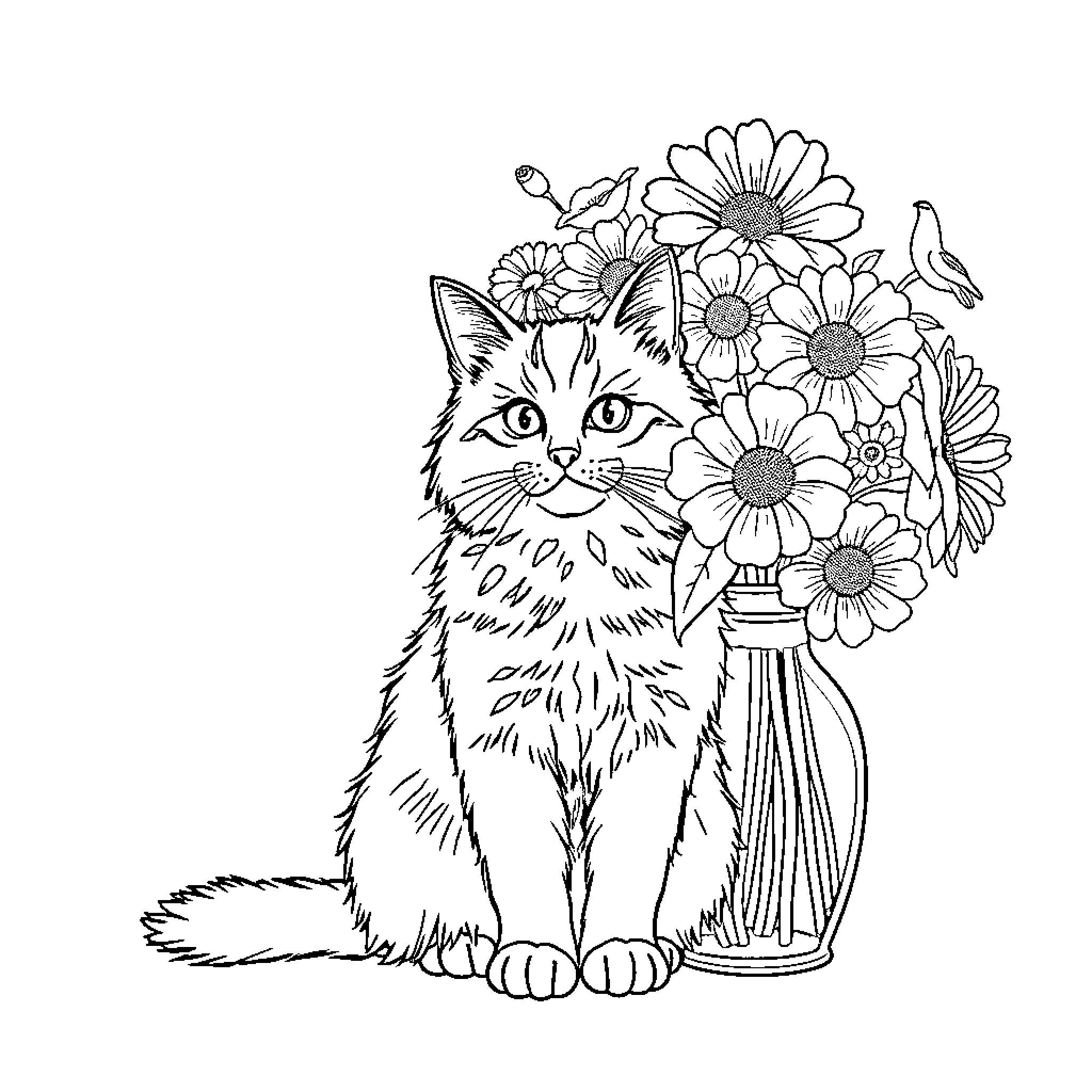 Cat with flowers sitting in vase Coloring Page (free black-and-white line drawing printable PDF for all, from beginners to advanced learners, including children, teens, adults, and seniors)