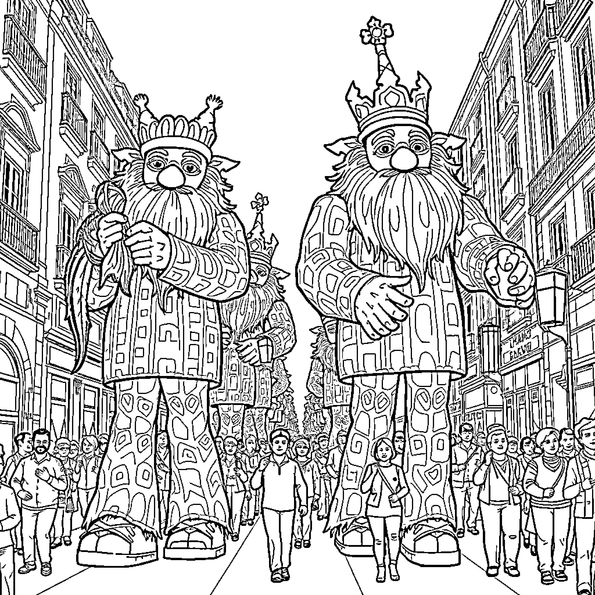 Gegant parade with colorful figures and crowds Coloring Page (free black-and-white line drawing printable PDF for all, from beginners to advanced learners, including children, teens, adults, and seniors)