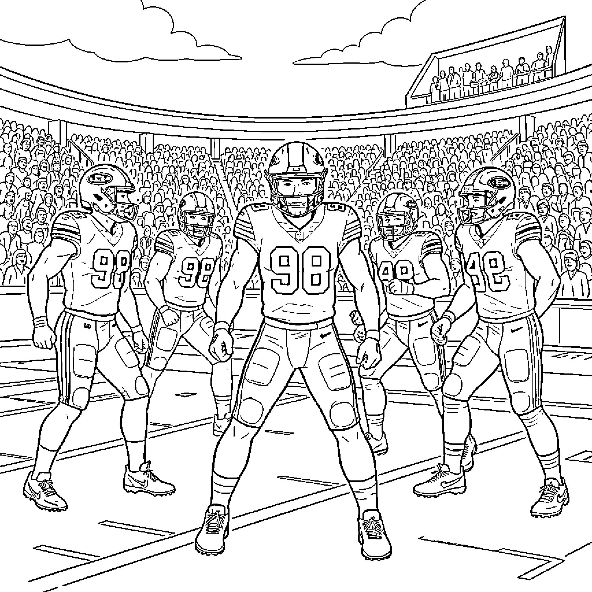 49ers football team in action on field Coloring Page (free black-and-white line drawing printable PDF for all, from beginners to advanced learners, including children, teens, adults, and seniors)