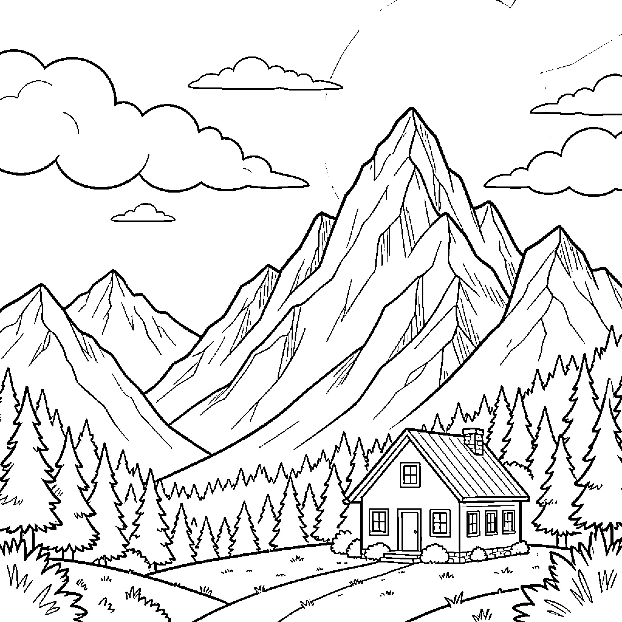 Mountain Cabin Nestled in Scenic Landscape Coloring Page (free black-and-white line drawing printable PDF for all, from beginners to advanced learners, including children, teens, adults, and seniors)