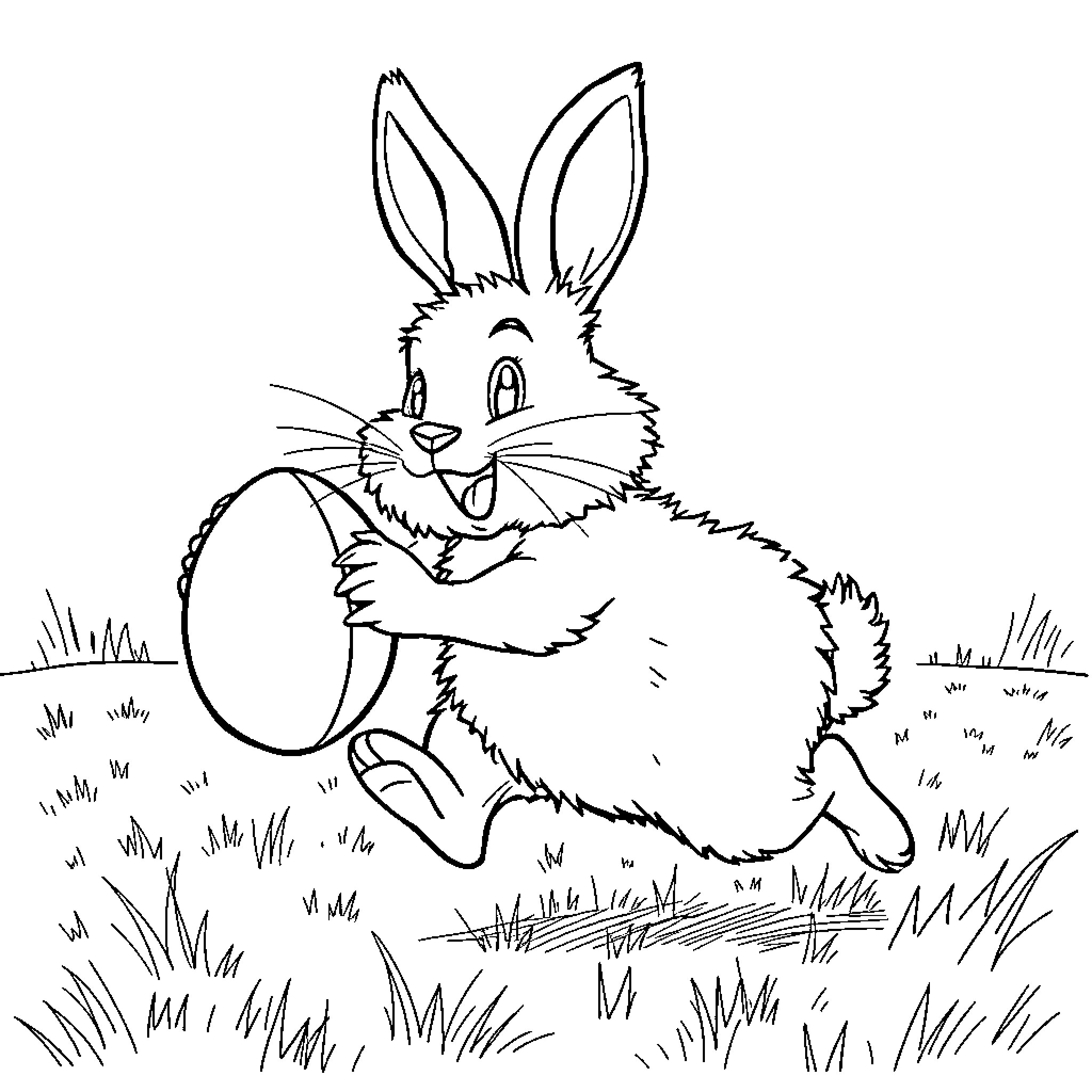 Rabbit hopping joyfully with toy in field Coloring Page (free black-and-white line drawing printable PDF for all, from beginners to advanced learners, including children, teens, adults, and seniors)