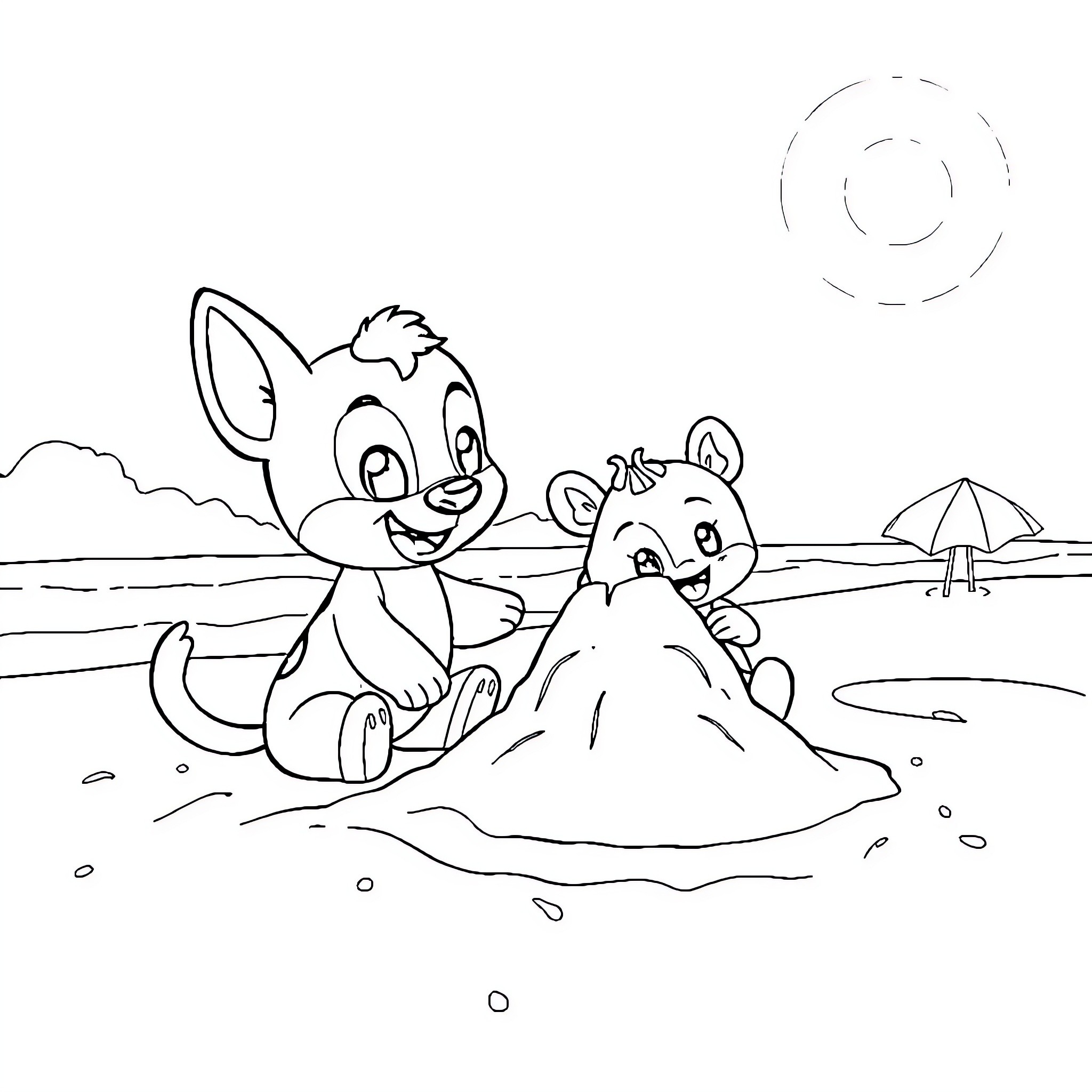 Bluey and friends playing on the beach Coloring Page (free black-and-white line drawing printable PDF for all, from beginners to advanced learners, including children, teens, adults, and seniors)