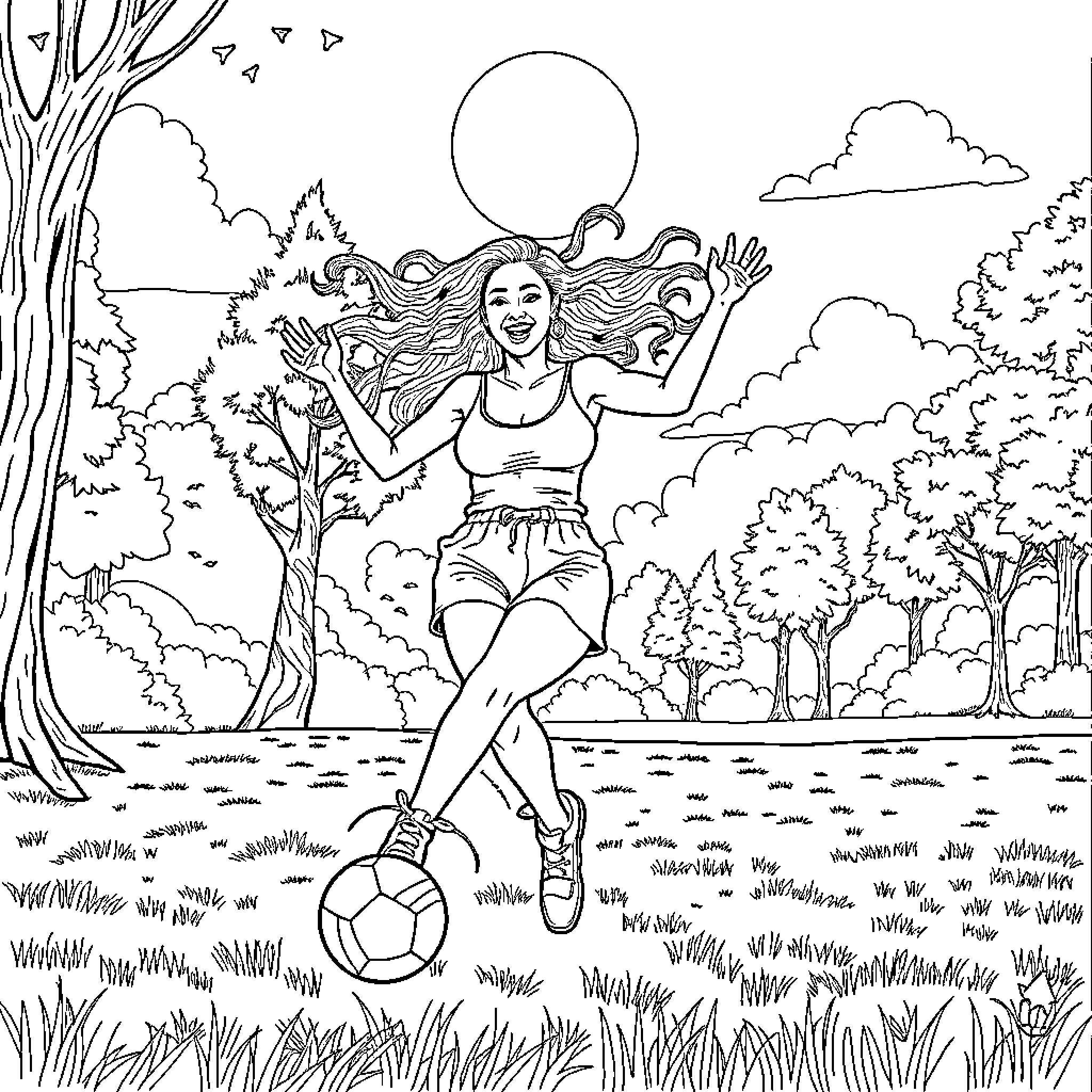 Beyonce enjoying a sunny day in the park Coloring Page (free black-and-white line drawing printable PDF for all, from beginners to advanced learners, including children, teens, adults, and seniors)