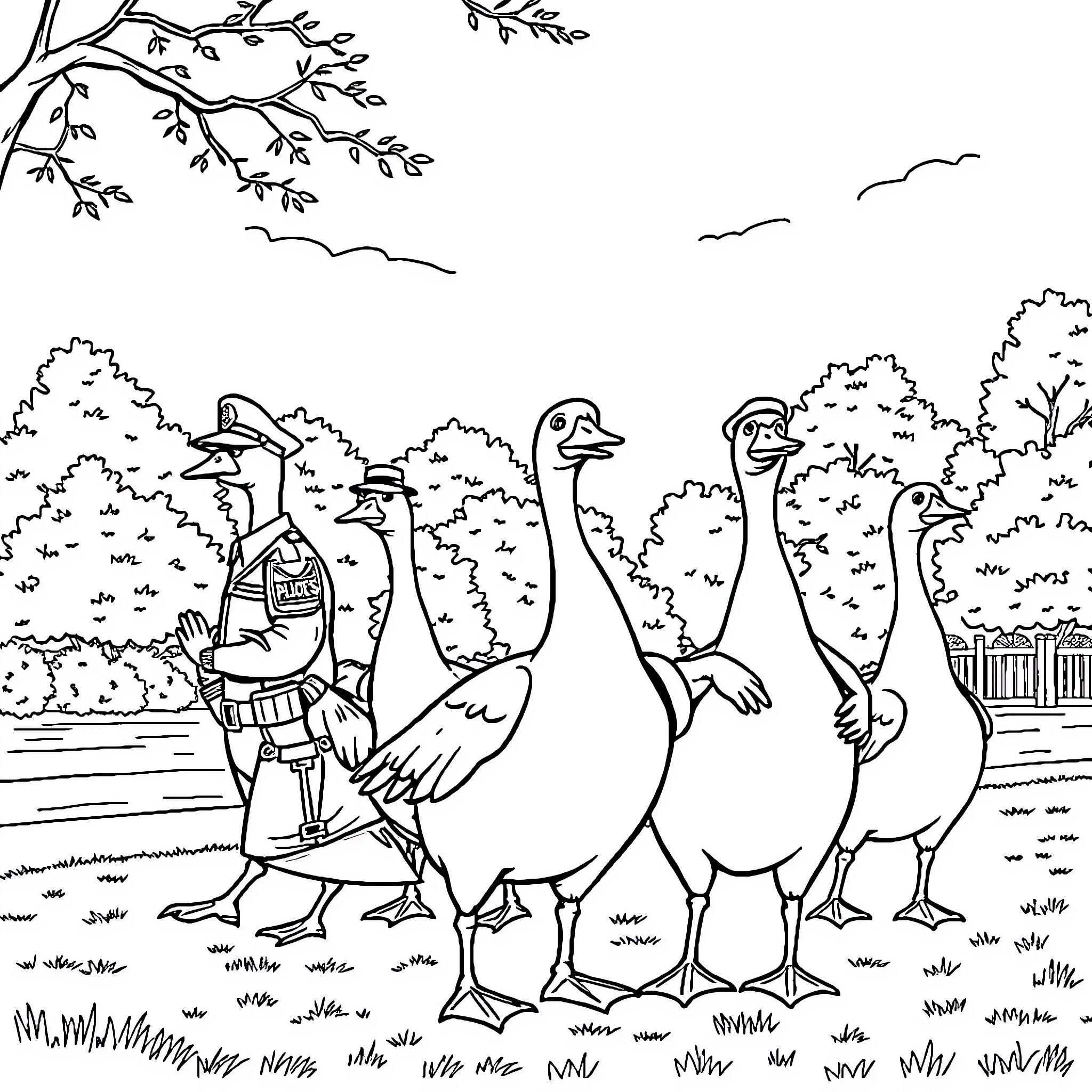 Goose family marching through the countryside Coloring Page (free black-and-white line drawing printable PDF for all, from beginners to advanced learners, including children, teens, adults, and seniors)