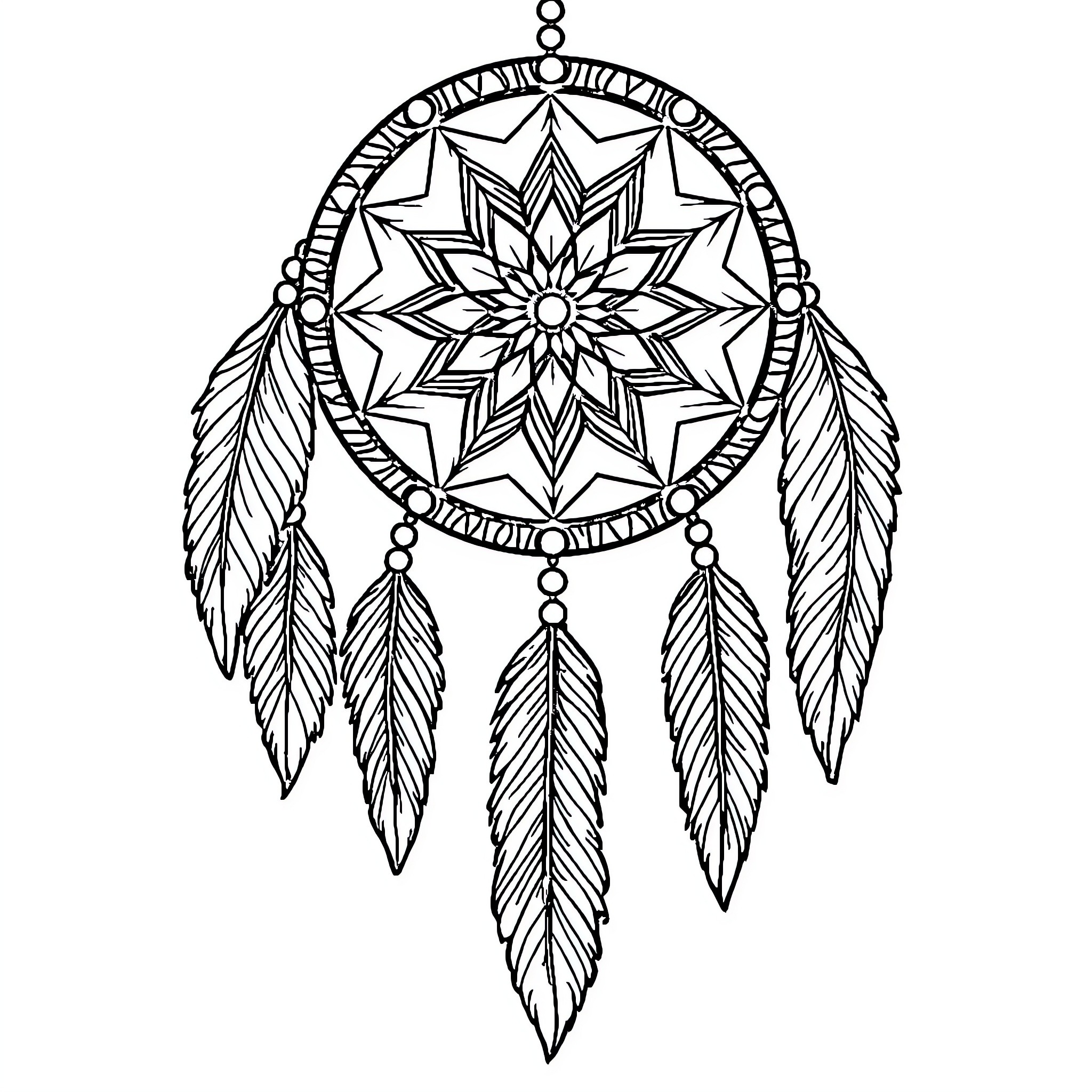 Dreamcatcher with intricate mandala design and feathers Coloring Page (free black-and-white line drawing printable PDF for all, from beginners to advanced learners, including children, teens, adults, and seniors)