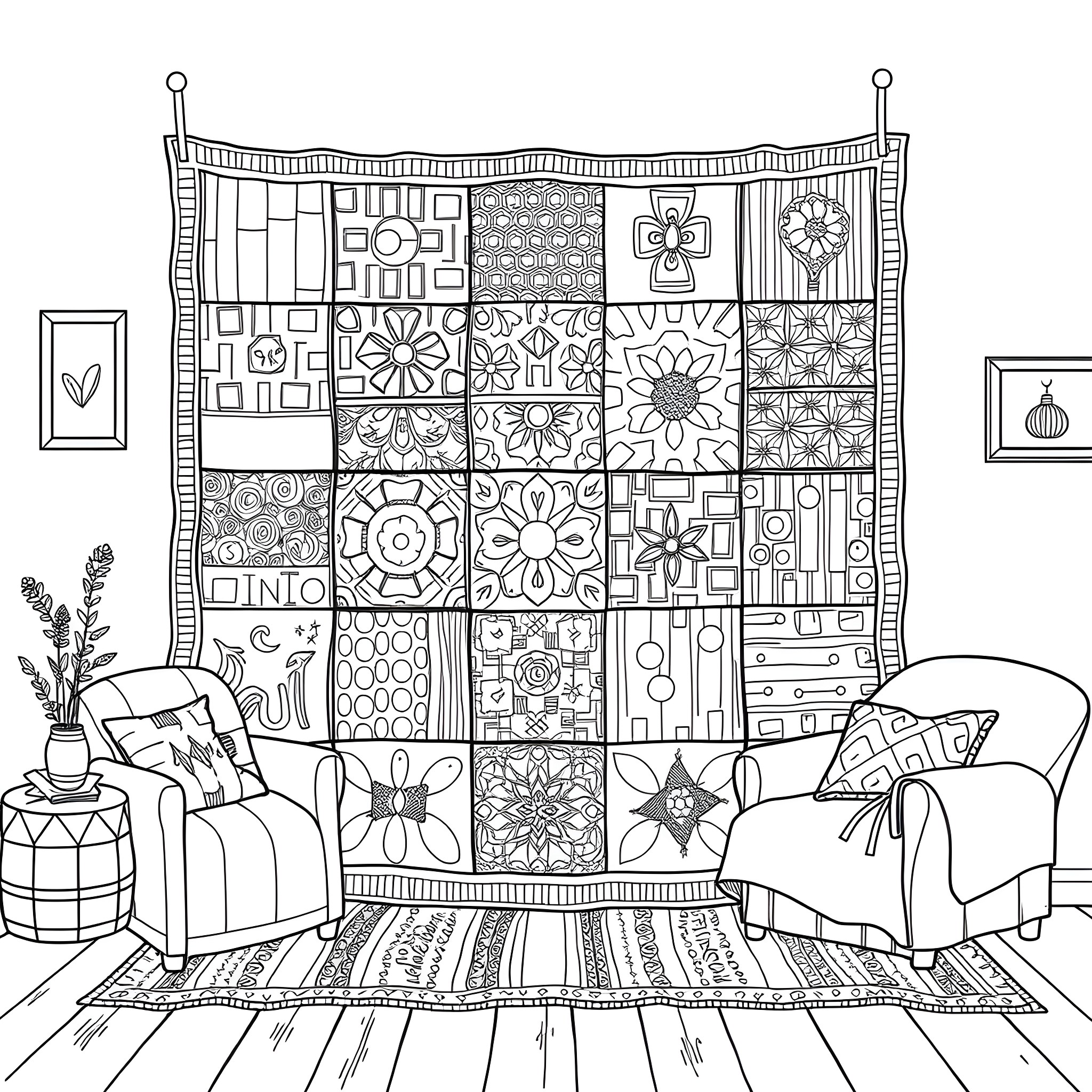 Patchwork quilt decor in cozy living room Coloring Page (free black-and-white line drawing printable PDF for all, from beginners to advanced learners, including children, teens, adults, and seniors)