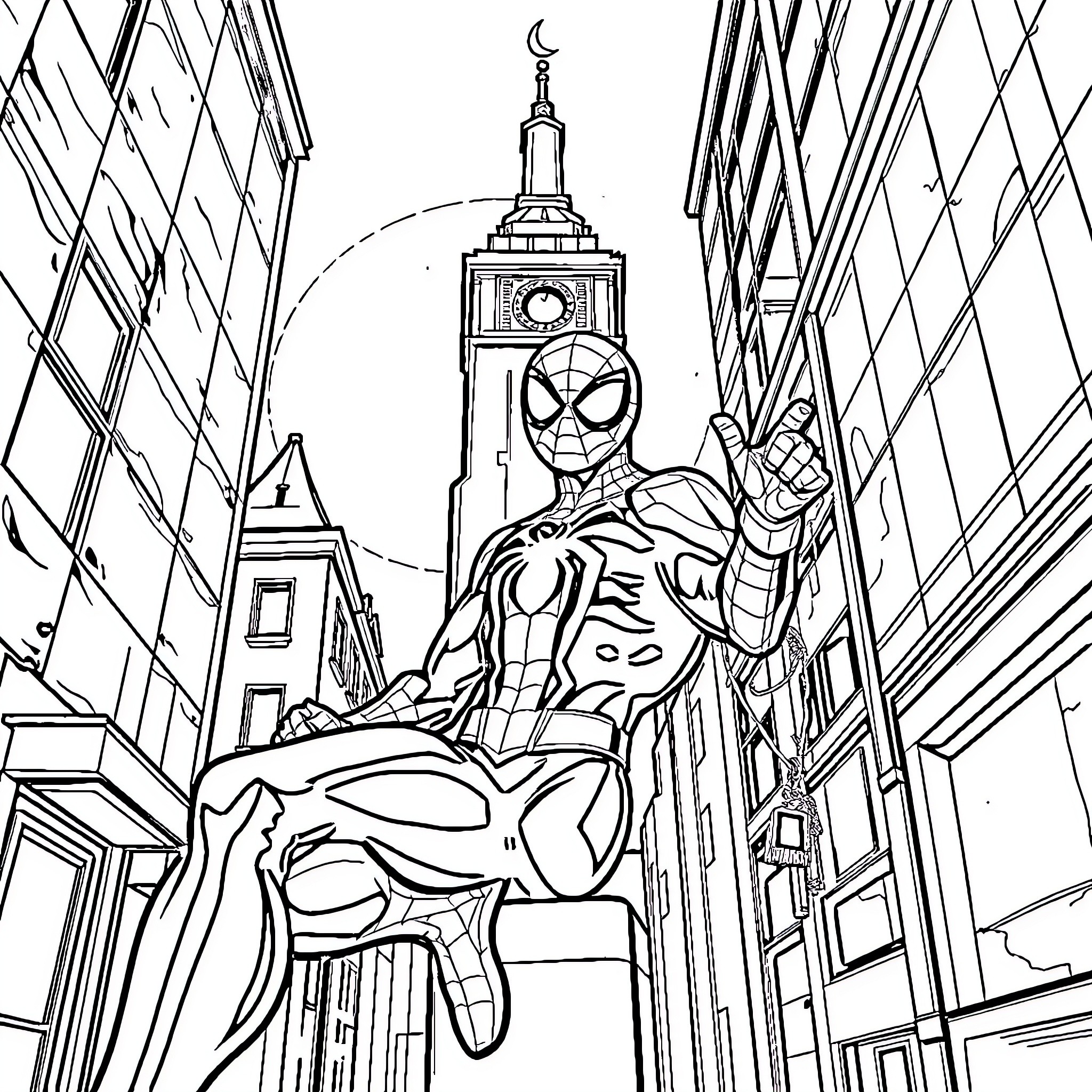 Spider-Man swinging through city streets Coloring Page (free black-and-white line drawing printable PDF for all, from beginners to advanced learners, including children, teens, adults, and seniors)