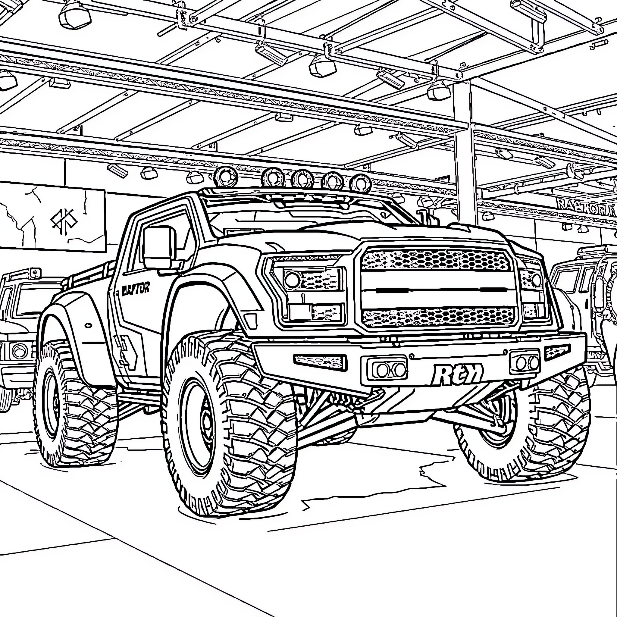 Camioneta Truck Displayed in Auto Shop Coloring Page (free black-and-white line drawing printable PDF for all, from beginners to advanced learners, including children, teens, adults, and seniors)