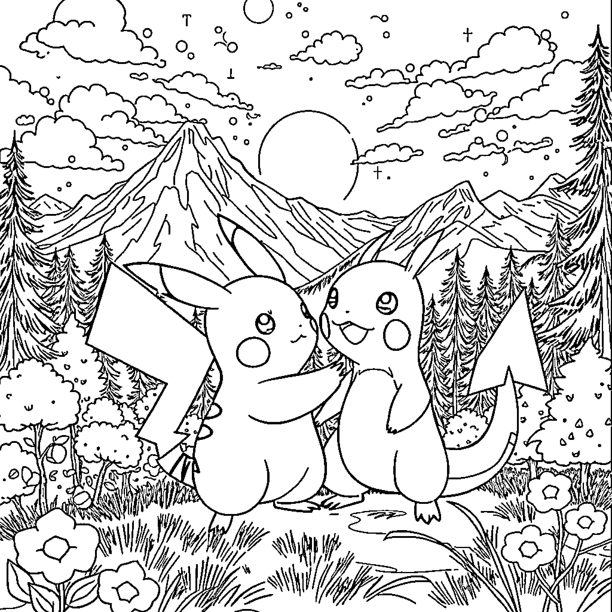 Pikachu enjoying winter wonderland with friends Coloring Page (free black-and-white line drawing printable PDF for all, from beginners to advanced learners, including children, teens, adults, and seniors)