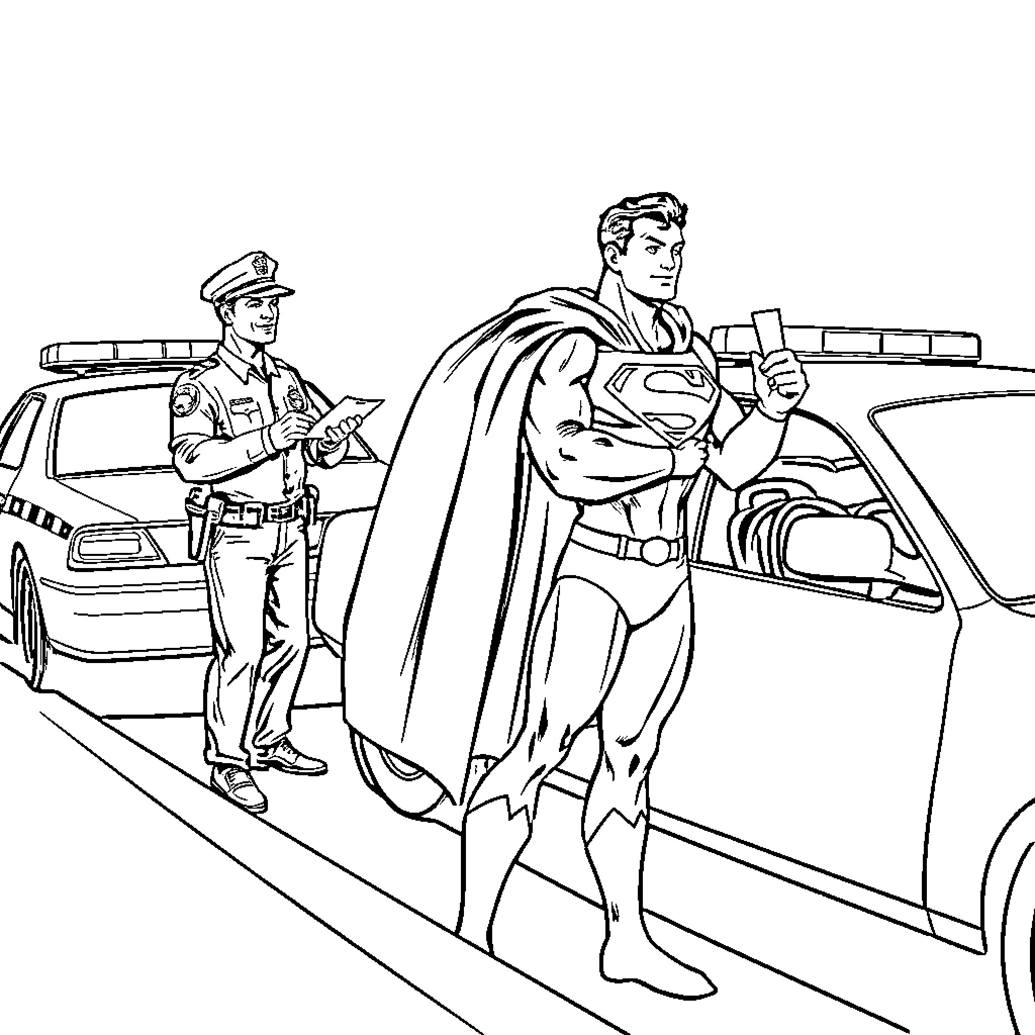 Superman Helps Police Officer Apprehend Criminal Coloring Page (free black-and-white line drawing printable PDF for all, from beginners to advanced learners, including children, teens, adults, and seniors)
