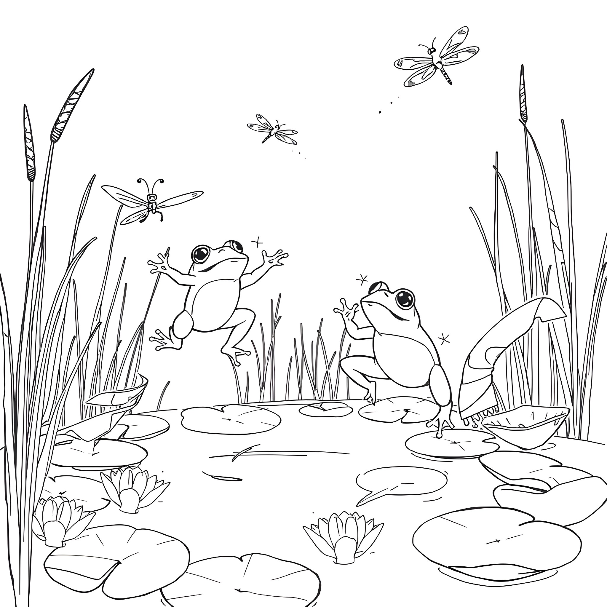Frog friends enjoying the pond with dragonflies Coloring Page (free black-and-white line drawing printable PDF for all, from beginners to advanced learners, including children, teens, adults, and seniors)