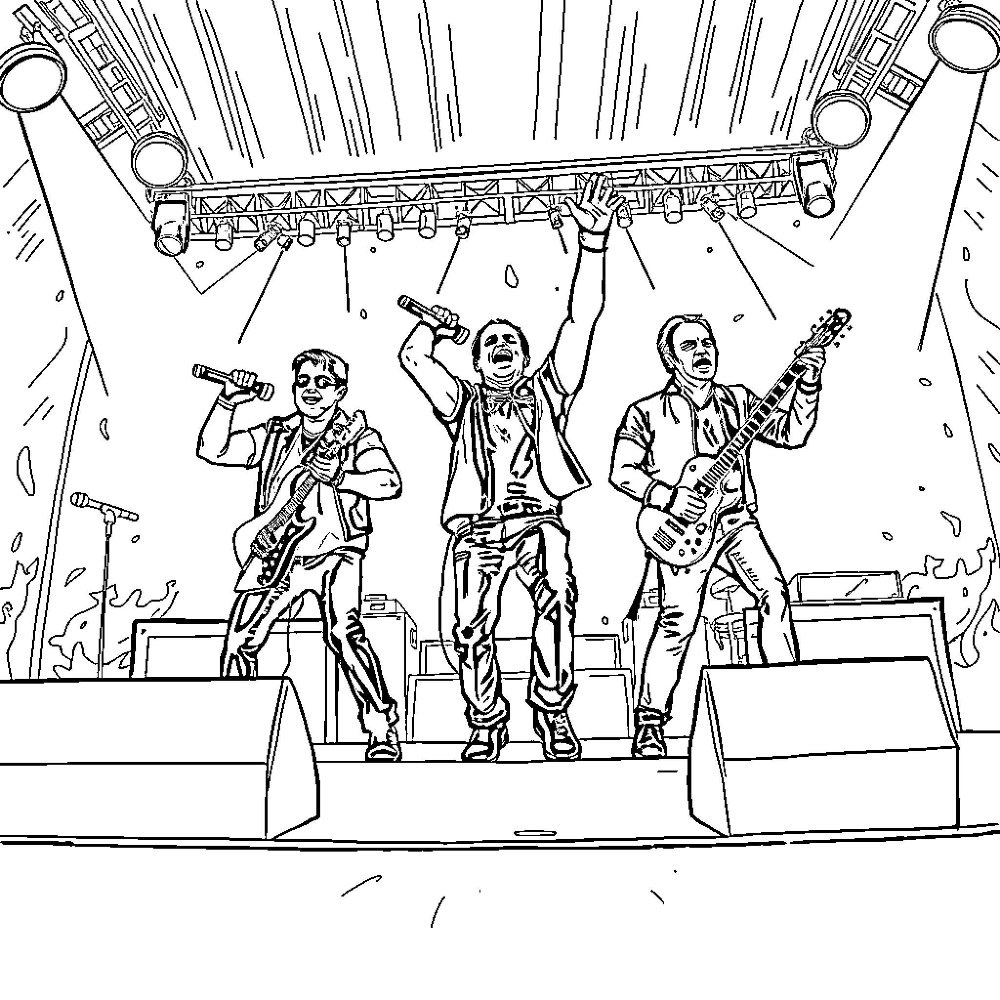 Rammstein performing on stage with energetic expressions Coloring Page (free black-and-white line drawing printable PDF for all, from beginners to advanced learners, including children, teens, adults, and seniors)