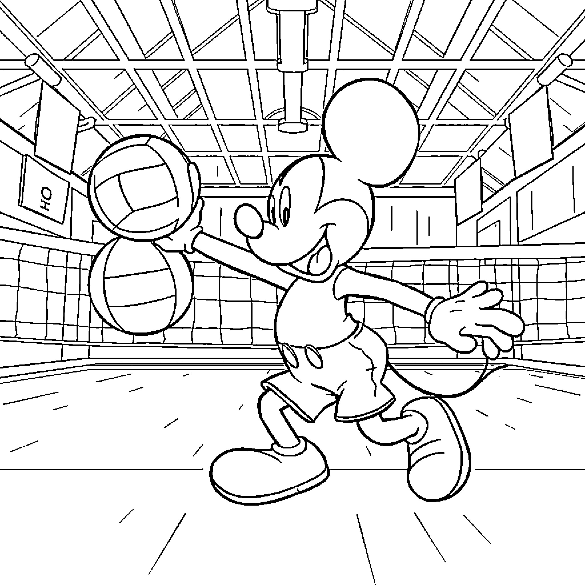 Mickey Mouse playing joyfully in an indoor arena Coloring Page (free black-and-white line drawing printable PDF for all, from beginners to advanced learners, including children, teens, adults, and seniors)