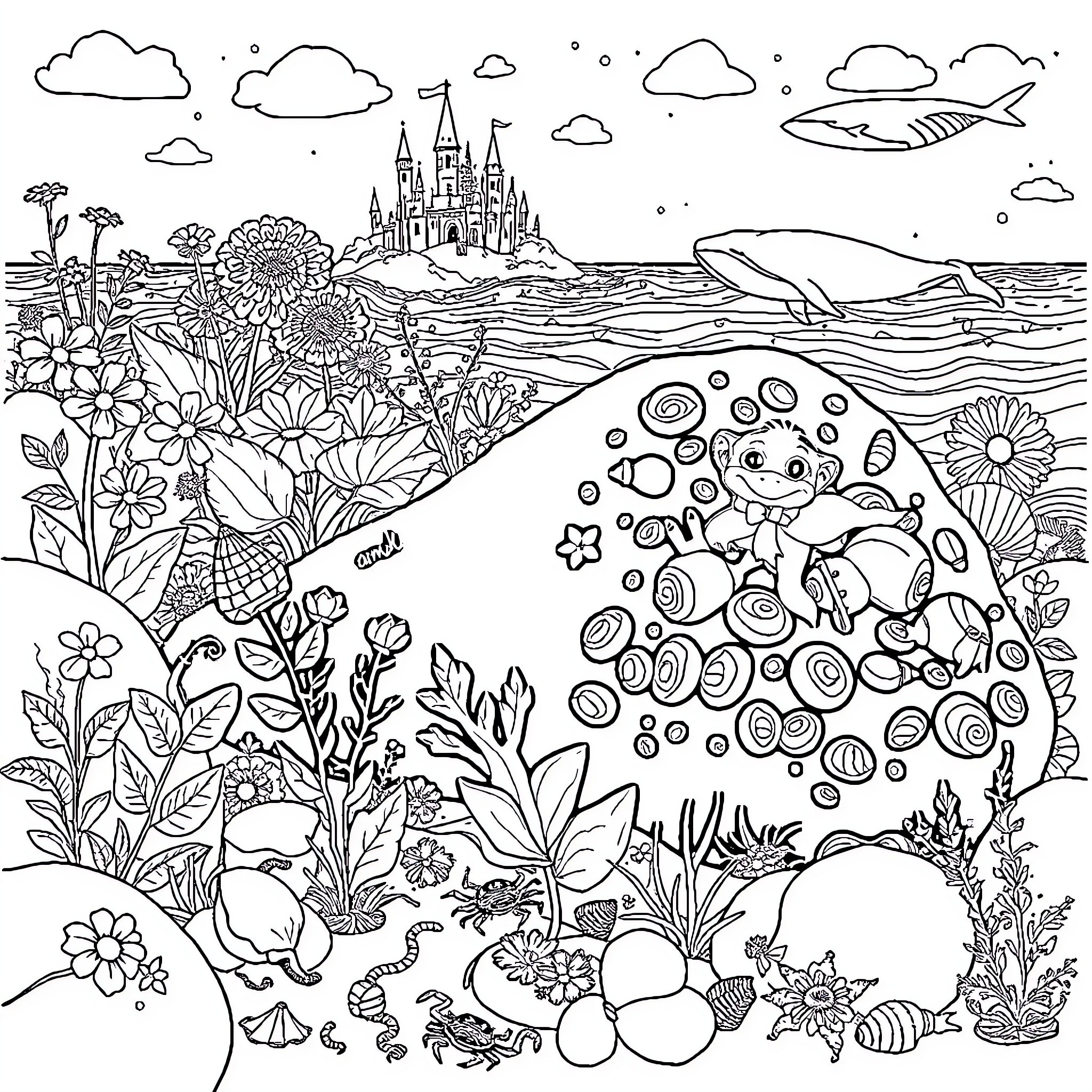 Flower fantasy landscape with castle and creatures Coloring Page (free black-and-white line drawing printable PDF for all, from beginners to advanced learners, including children, teens, adults, and seniors)